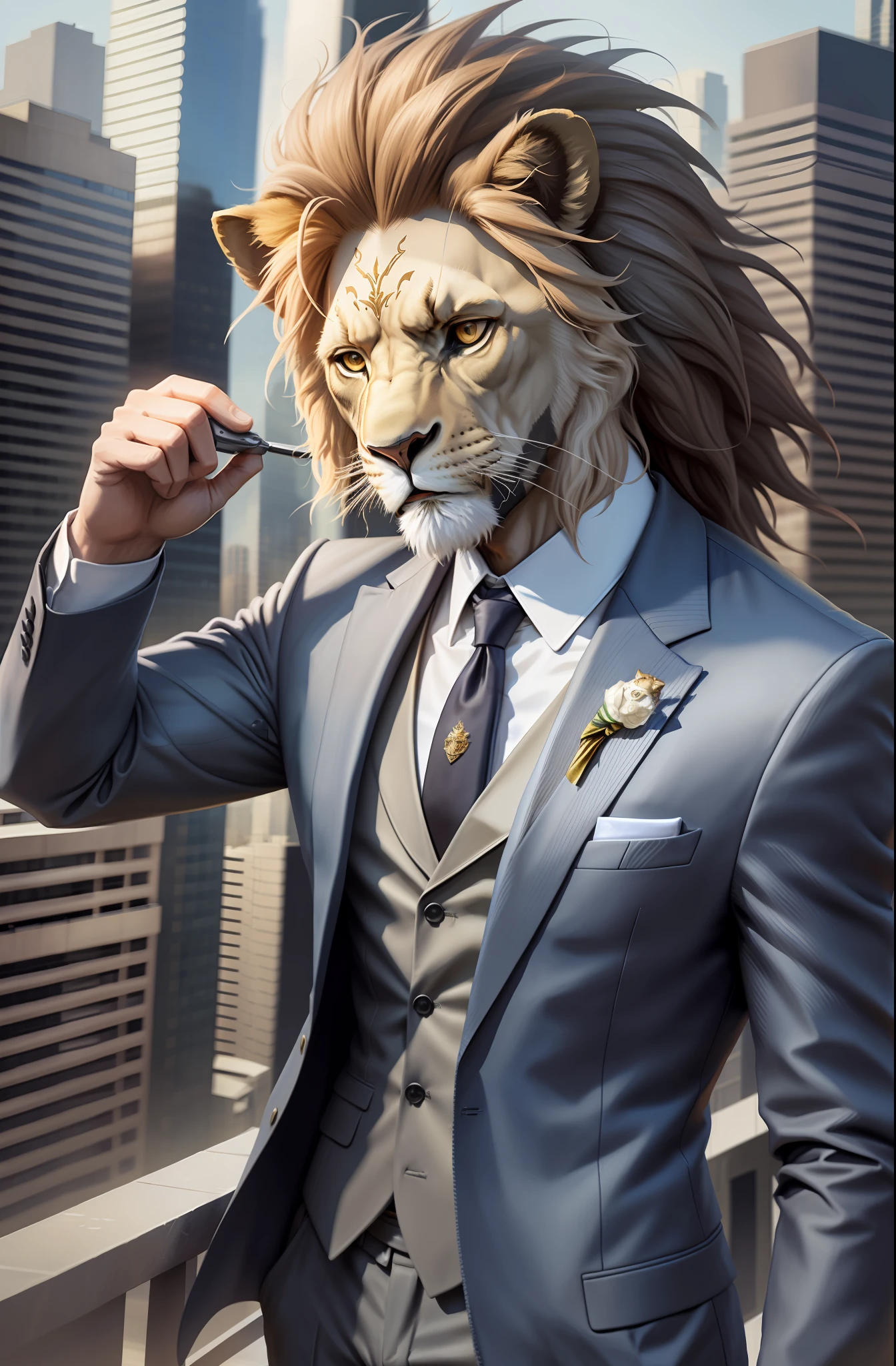A male character, lion's head, wearing a suit, in a metropolis