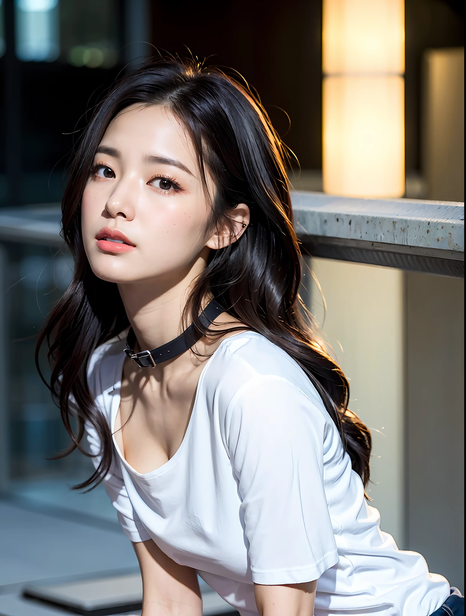 Random Posture, mix4, (8k, RAW photo, highest quality, masterpiece: 1.2), (realistic, photorealistic: 1.37), one girl, cute, cityscape, night, rain, wet, professional lighting, photon mapping, radiosity, physical based rendering,, gradient black hair,, gray hair, short curly, handsome, girl, white tight shirt with collar, mini skirt, top quality photo, high resolution, 1080p, (clear face), (detailed facial description), (detailed hand description), (masterpiece), (elaborate CG), extreme light and shadow, disheveled hair, master work, rich details, (fine facial features), (highest quality photo), (masterpiece), (detailed eyes), look ahead of you eyes, fine collarbone, small face, petite and delicate figure