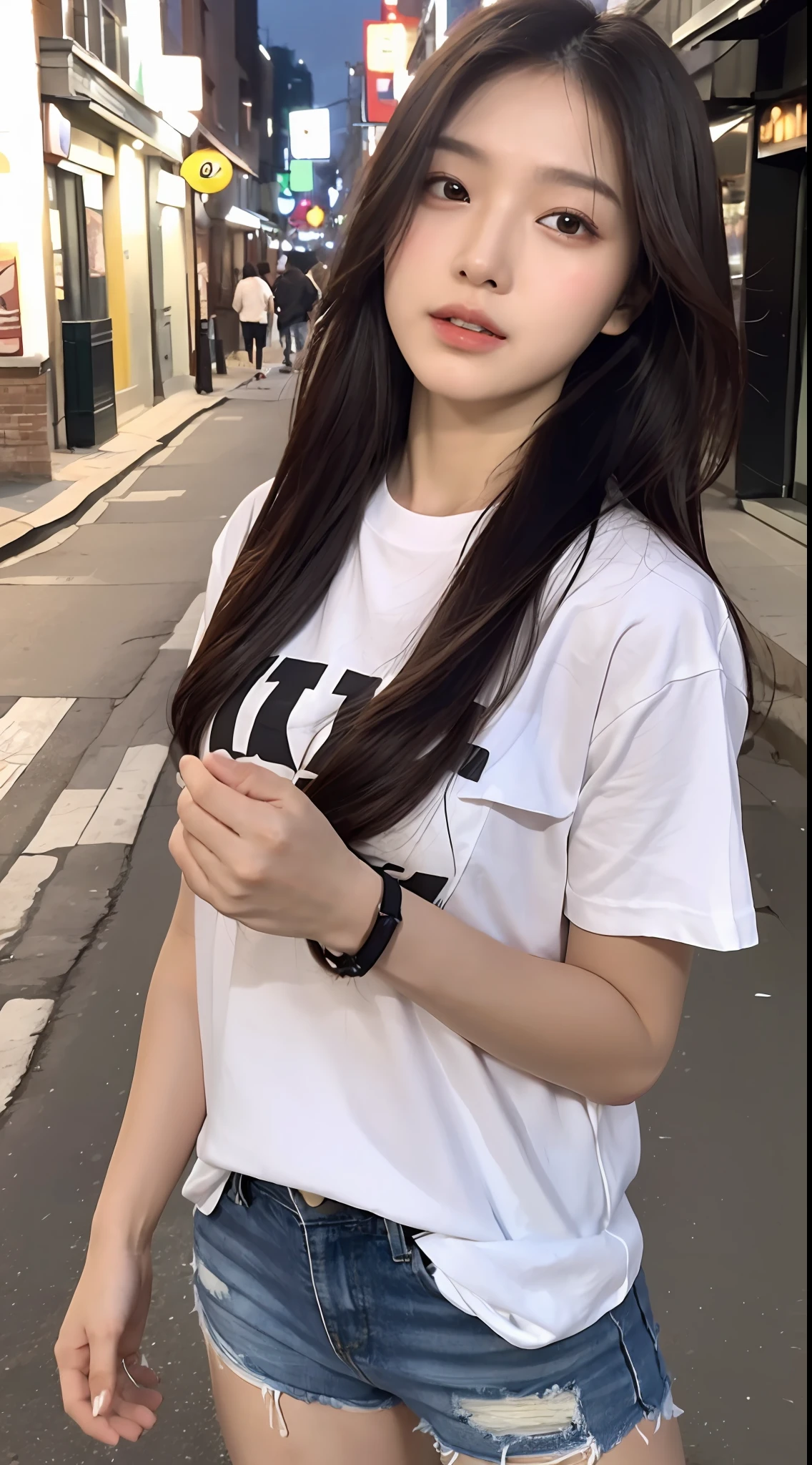((Best Quality, 8K, Masterpiece: 1.3)), (Japanese Cap: 1.3), Focus: 1.2, Perfect Body Beauty: 1.4, Buttocks: 1.2, (Layered Haircut: 1.2)), (Dark Street: 1.3), Highly Detailed Face and Skin Texture, Fine Eyes, Double Eyelids, Whitened Skin, Long Hair, (Round Face: 1.5), (Short Sleeves, Shorts: 1.6)