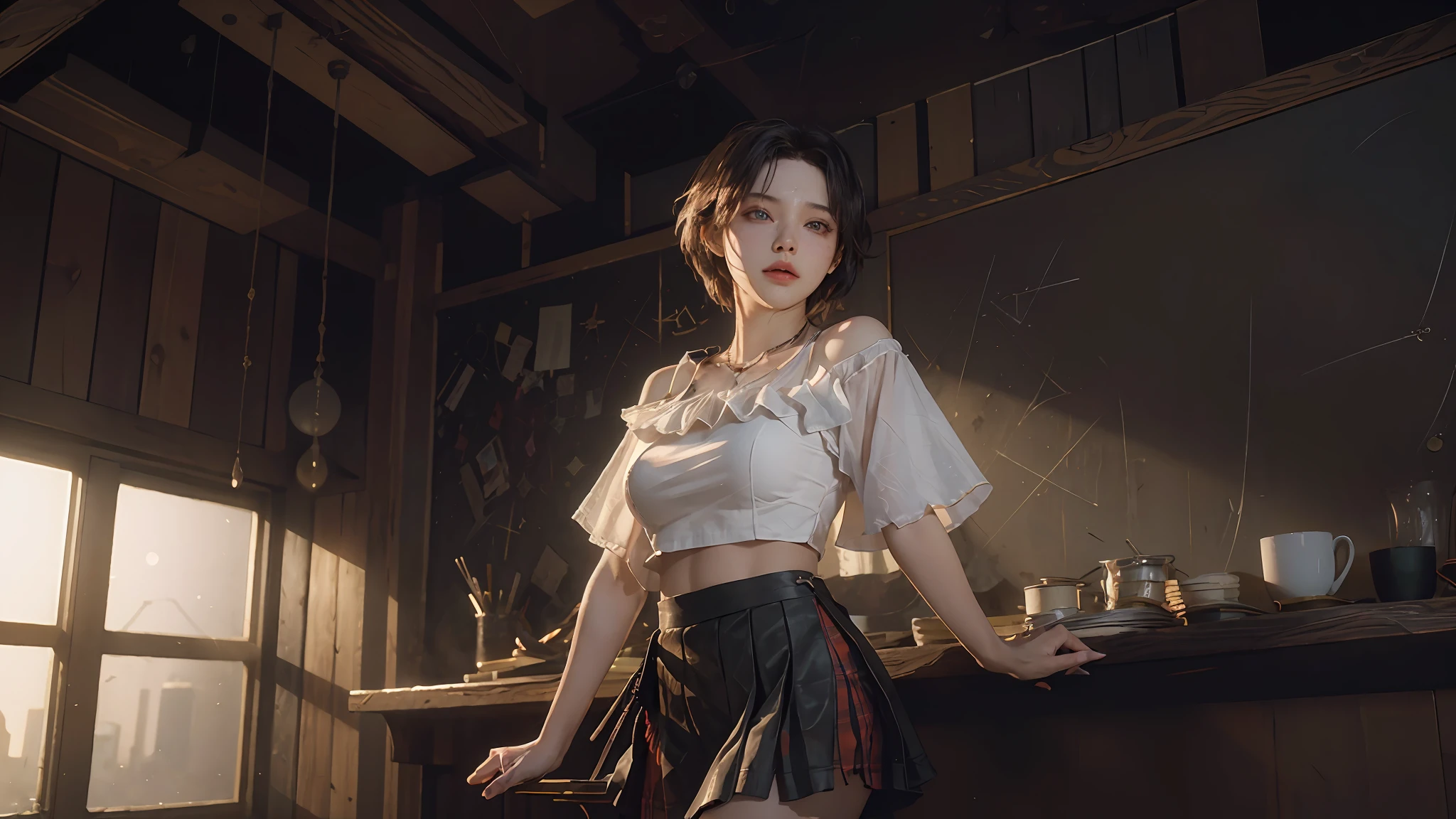 (Dynamic Angle, National Treasure RAW Photos, Photorealism: 1.3, Top Quality Detailed CG unity 8k wallpapers, Under Miniskirt: 1.2, Messy Short Hair, Movie Lighting, Lens Flare)