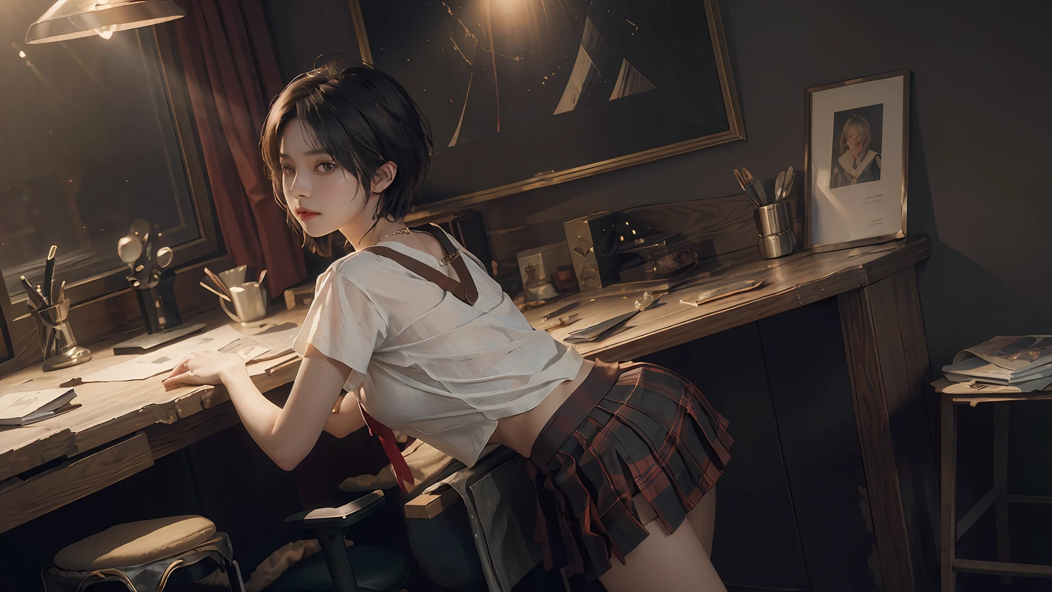 (Dynamic Angle, National Treasure RAW Photos, Photorealism: 1.3, Top Quality Detailed CG unity 8k wallpapers, Under Miniskirt: 1.2, Messy Short Hair, Movie Lighting, Lens Flare)