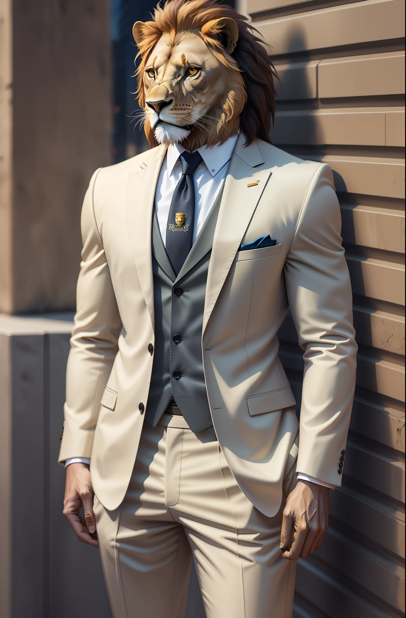 A lion with human body, wearing suit, realistic, urban background, FHD