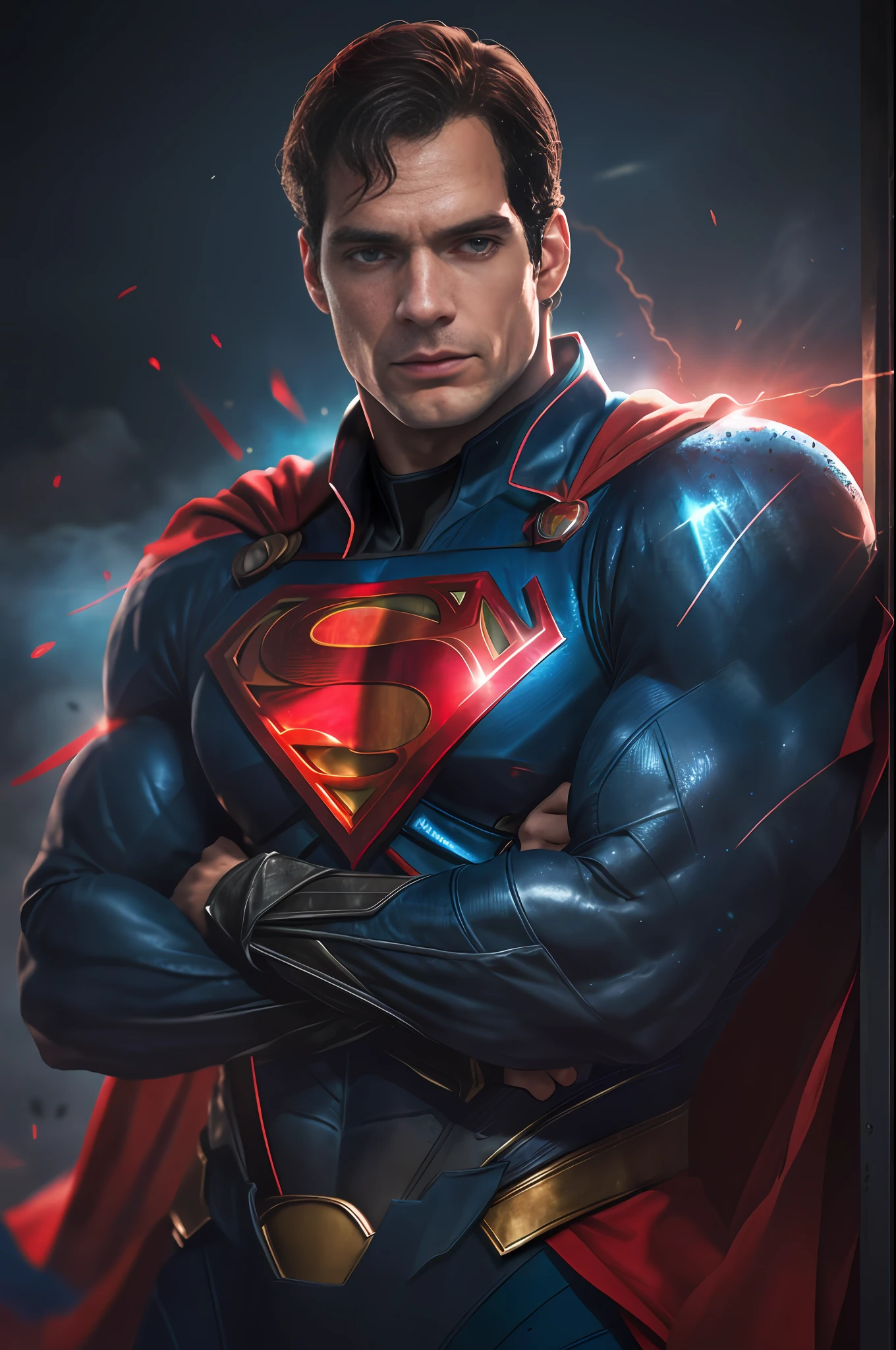 1 man, solo, Henry Cavill as Superman, 40s year old, all blue and red details suit, bare hands, big red S symbol on the chest, red cape, strain of hair covering forehead, short cut hair, tidy hair, tall, manly, hunk body, muscular, wide shoulder, straight face, black hair, best quality, high resolution:1.2, masterpiece, raw photo, dark background, detailed suit, detailed face, upper body shot, crossed arms, runic scene in the background