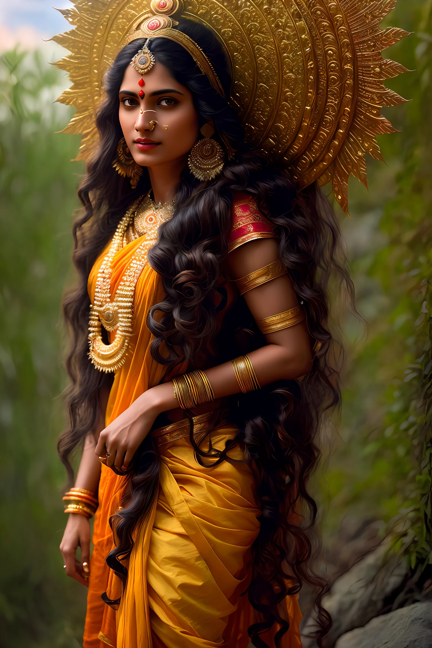 photo of 25 year old Hindu woman (goddess durga), highres, masterpiece, woman, solo, best quality, realistic, outdoors, looking at the viewer, (Indian clothes) (Hindu woman) (wavy long hair), (woman) 4K, HDR, (realistic lighting). by (James C. Christensen:1.2 | Jeremy Lipking:1.1).