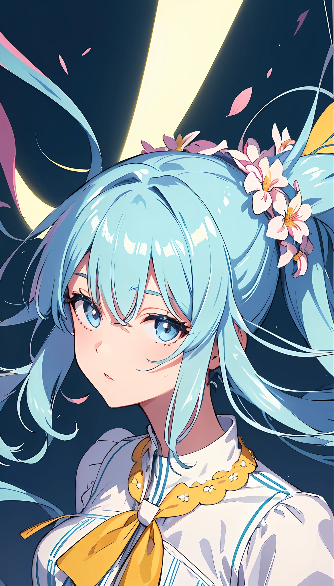 (masterpiece), (best quality), (ultra detailed),(disheveled hair),(illustration), (1girl), (Fashionable clothing), standing, Fashion model, looking at viewer, (interview), (simple background),beautiful detailed eyes, delicate beautiful face, Floating,(high saturation),(colorful splashes),colorful bubble,(shining), focus on face, ponytail, kamisato ayaka, light blue hair, bangs, hair ring, floating flowers, floating hairs, (shining), best lighting, best shadow,