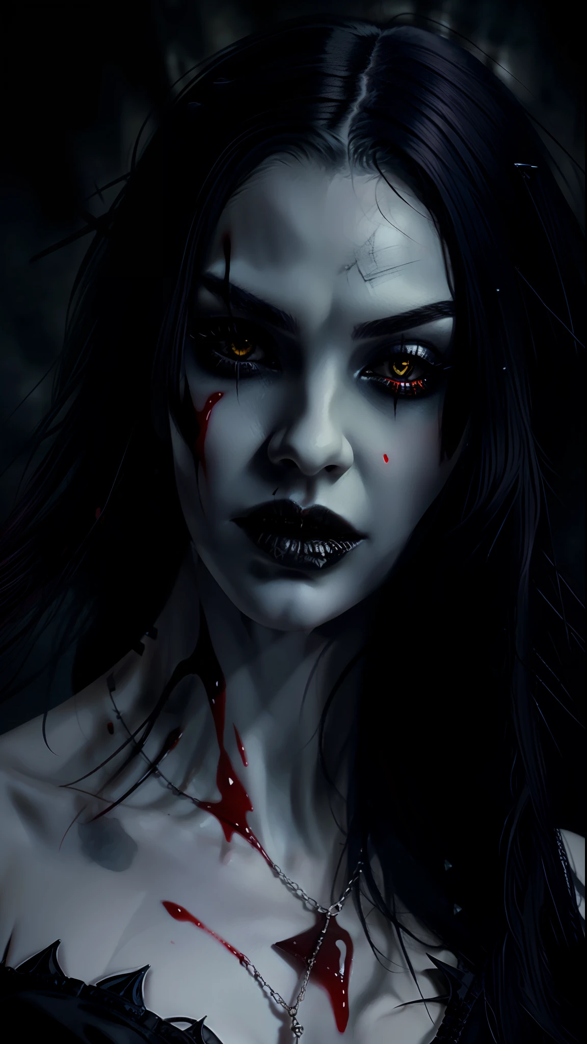 Gothic woman with blood dripping from her mouth beautiful vampire queen, vampire girl, gothic horror vibes, beautiful female vampire queen, Guweiz-style art, dark fantasy mixed with realism, androgynous vampire, goth maiden anime girl, gothic aesthetic, female vampire, gothic art style, vampire fashion, [4K digital art]!