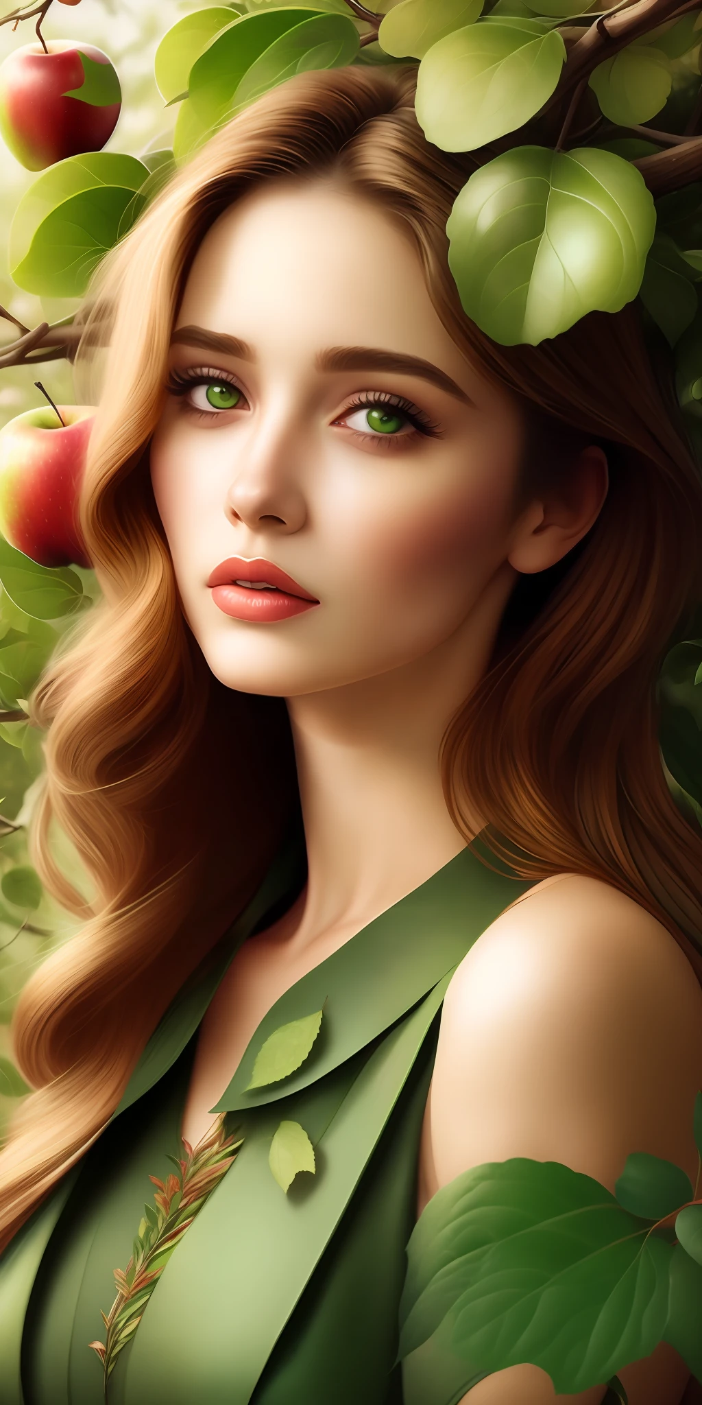 Best quality,highest resolution,8k, artistic illustration, beautiful portrait, masterpiece, most beautiful woman,most beautiful girl, greedy eyes,dressed in leaves, dressed in green leaves,the most beautiful girl in profile in front of an apple tree, greedy eyes,,an apple tree,apples in its branches