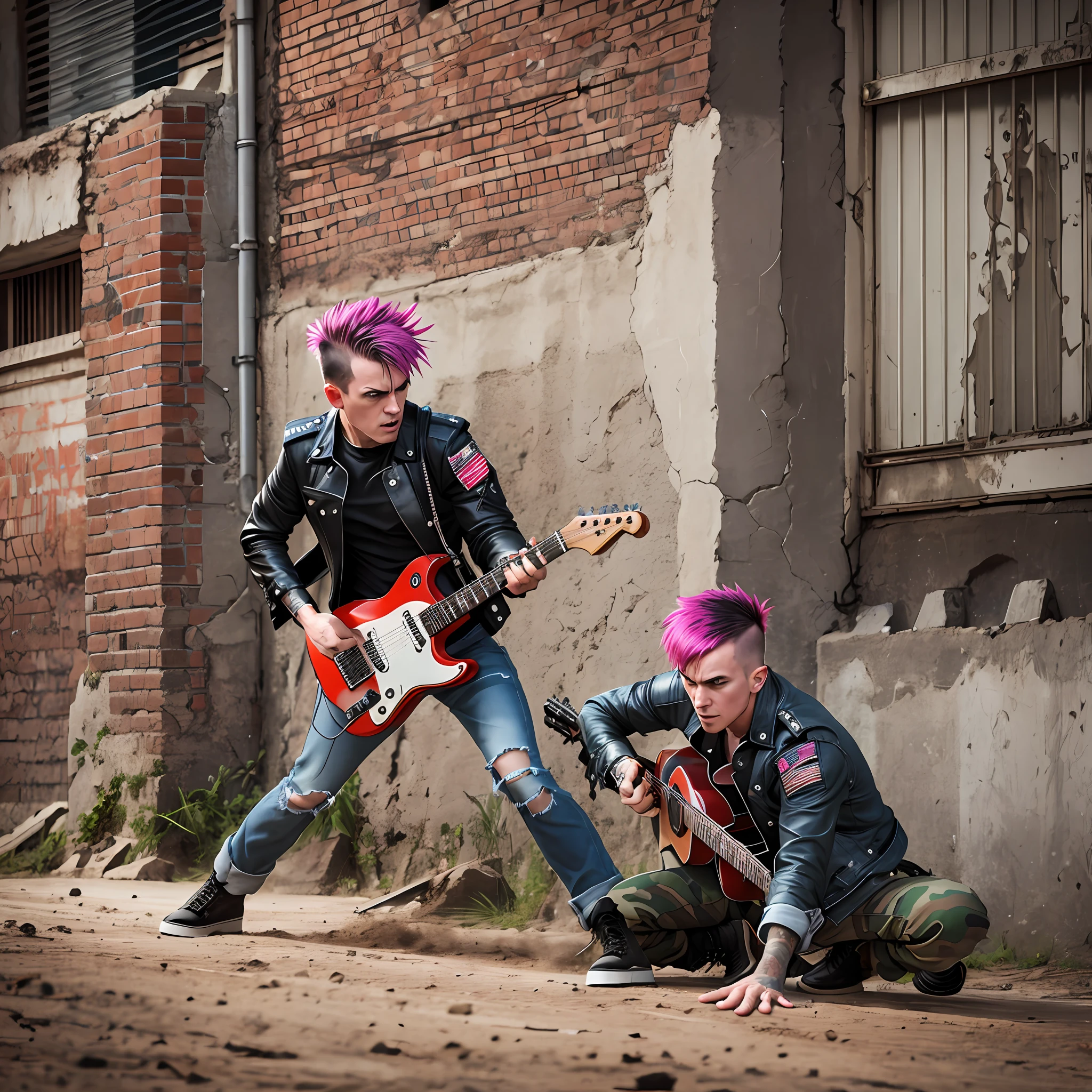 A punk fighting the army using a guitar