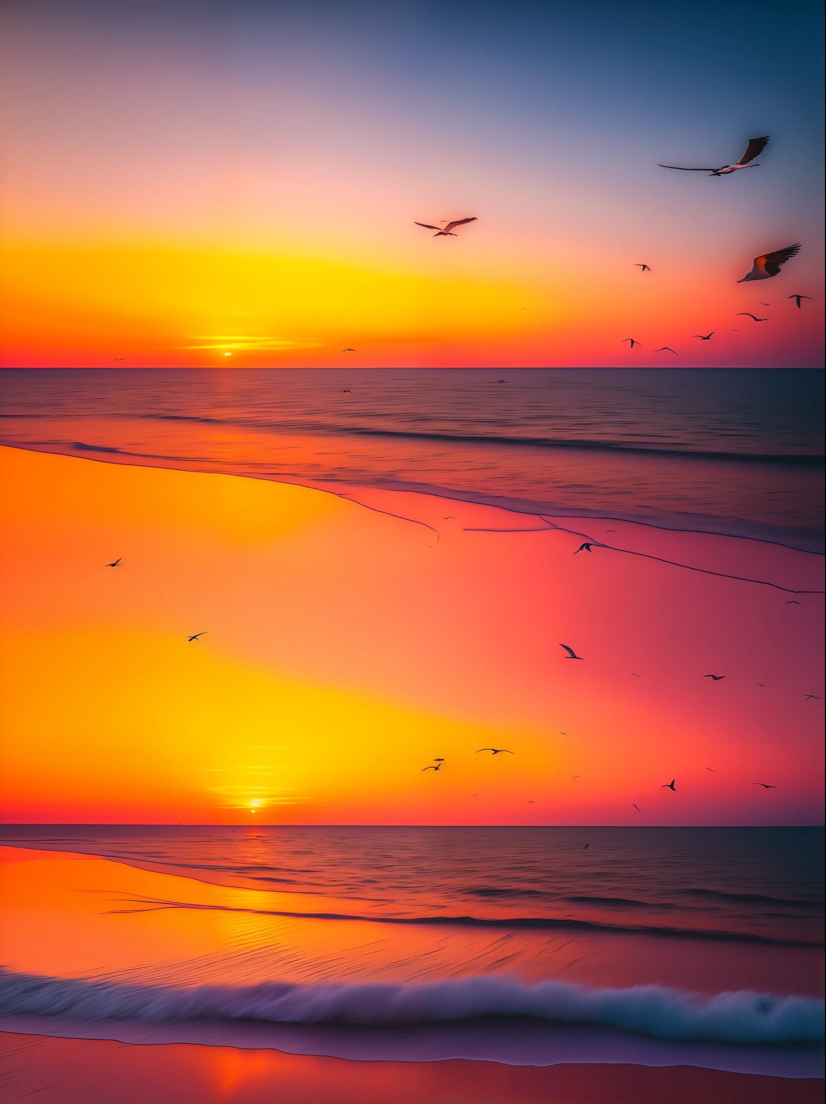 Oranges, pinks and yellows blend together to fill the sky, and the sunset over the beach is truly mesmerizing. The crystal clear waters gently kiss the coast, and the white sand beach stretches out endlessly. It's a dynamic and breathtaking scene with seagulls soaring high into the sky and palm trees gently swaying. Take in the calm atmosphere and peace will wash you away.