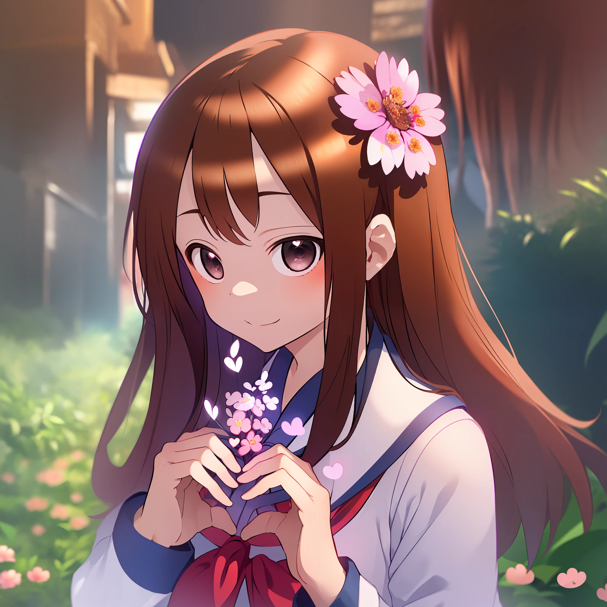 (Masterpiece, Superb Quality, Super Delicate, High Resolution), Female Focus, , (((Holding Flower, Heart Hands))), (Japanese School Uniform), Happy Expression, (((Solo))), Japanese School, Background Details