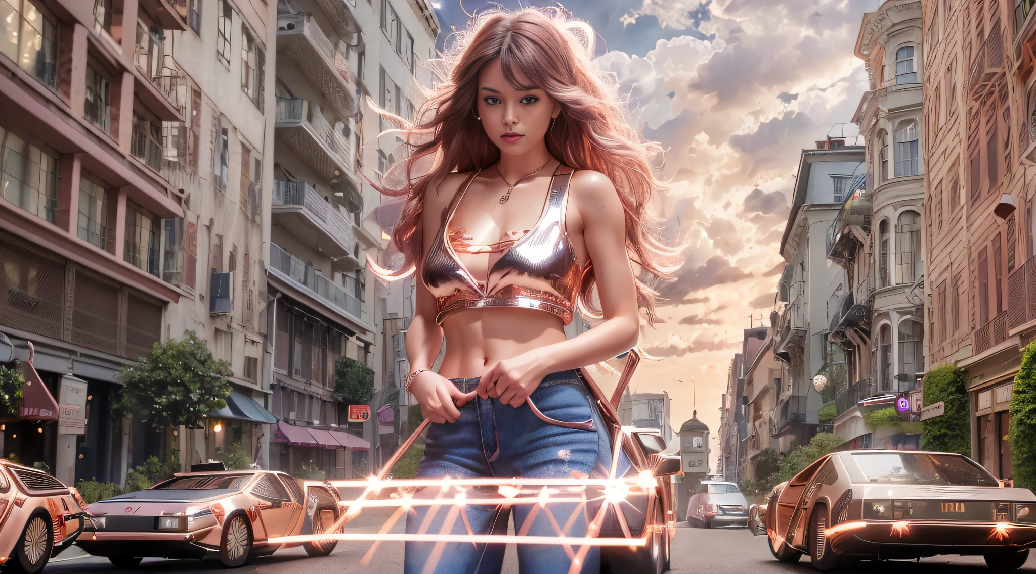 ((Big breast, tomboy girls, small head)), Pretty woman with emphasizing slender abs :1.3, daylight, sunlight, (chiseled abs : 1.1), (perfect body : 1.1), (long wavy hair : 1.2) , auburn hair, collar, chain, full body shot, crowded street, wearing small white lace tanktop, jeans jacket, ((shorts)), (extremely detailed CG 8k wallpaper), (an extremely delicate and beautiful), (masterpiece), (best quality:1.0), (ultra highres:1.0),  beautiful lighting ,perfect lightning, realistic shadows, [highres], detailed skin, ultra-detailed, (rose gold DELOREAN DMC-12:1.5)