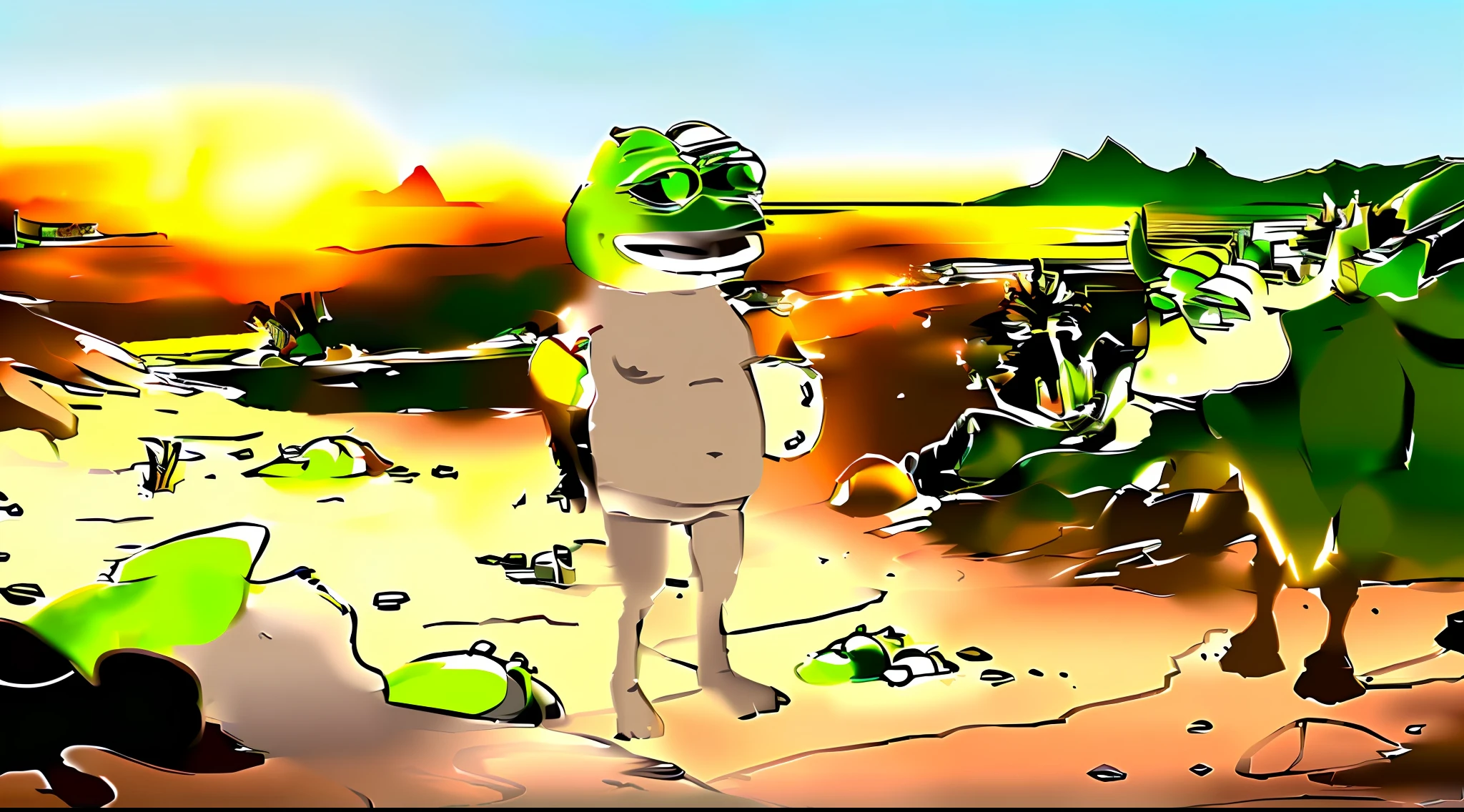 yellow rich frog enjoys victory over green frogs detail and background meme coins and mountains nature