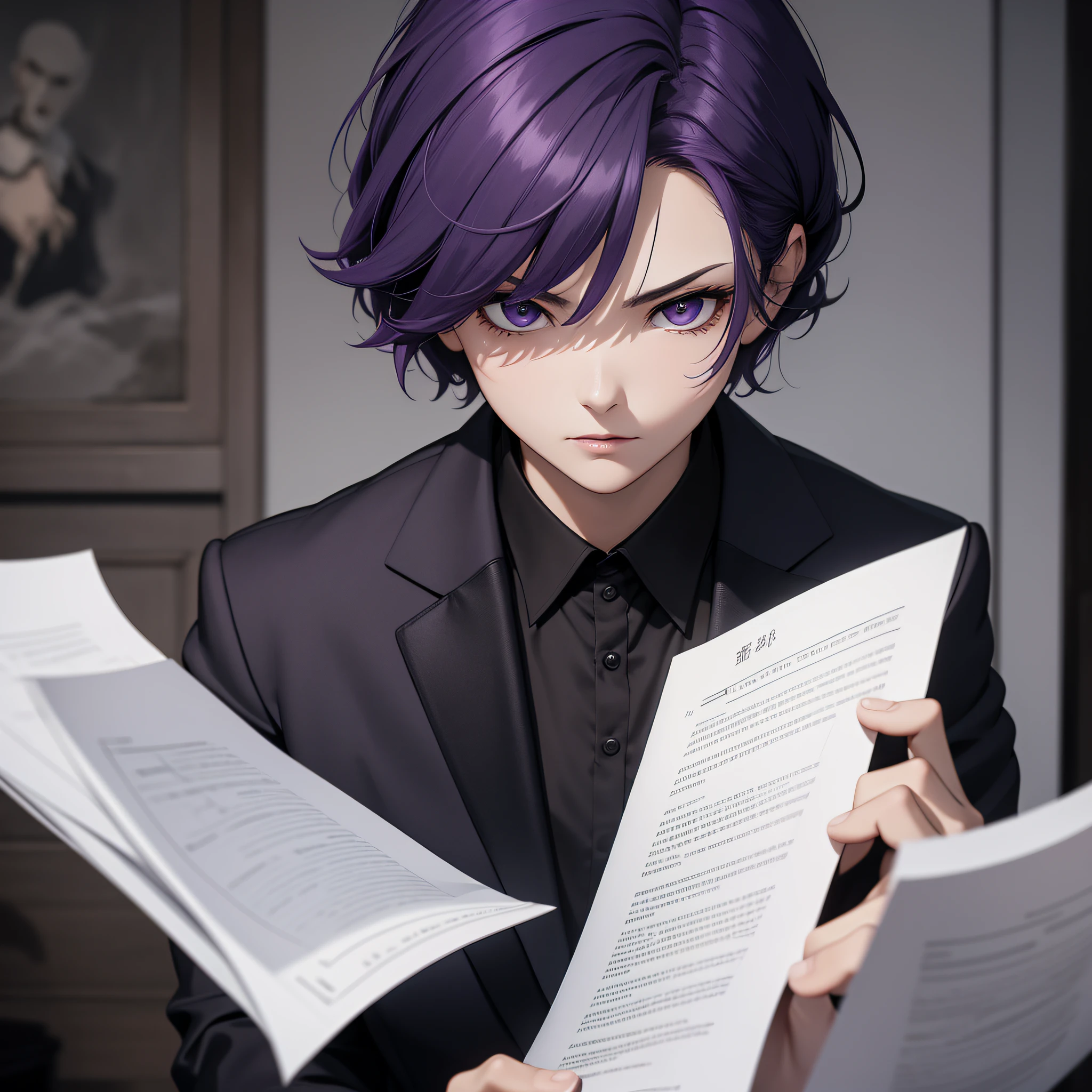 Absurd resolution, high resolution, (masterpiece: 1.4), hyper-detail, Asian, middle-aged short purple hair, black suit, eerie room, looking at the note, expression serious and scared