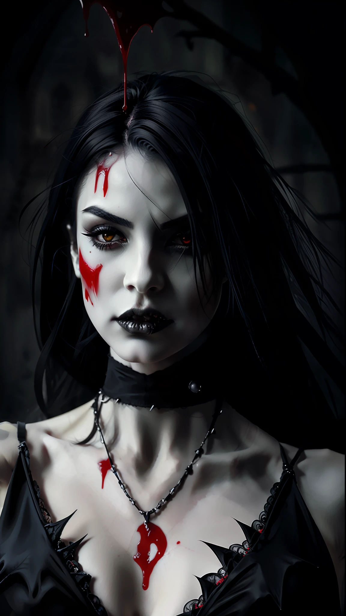Gothic woman with blood dripping from her mouth beautiful vampire queen, vampire girl, gothic horror vibes, beautiful female vampire queen, Guweiz-style art, dark fantasy mixed with realism, androgynous vampire, goth maiden anime girl, gothic aesthetic, female vampire, gothic art style, vampire fashion, [4K digital art]!