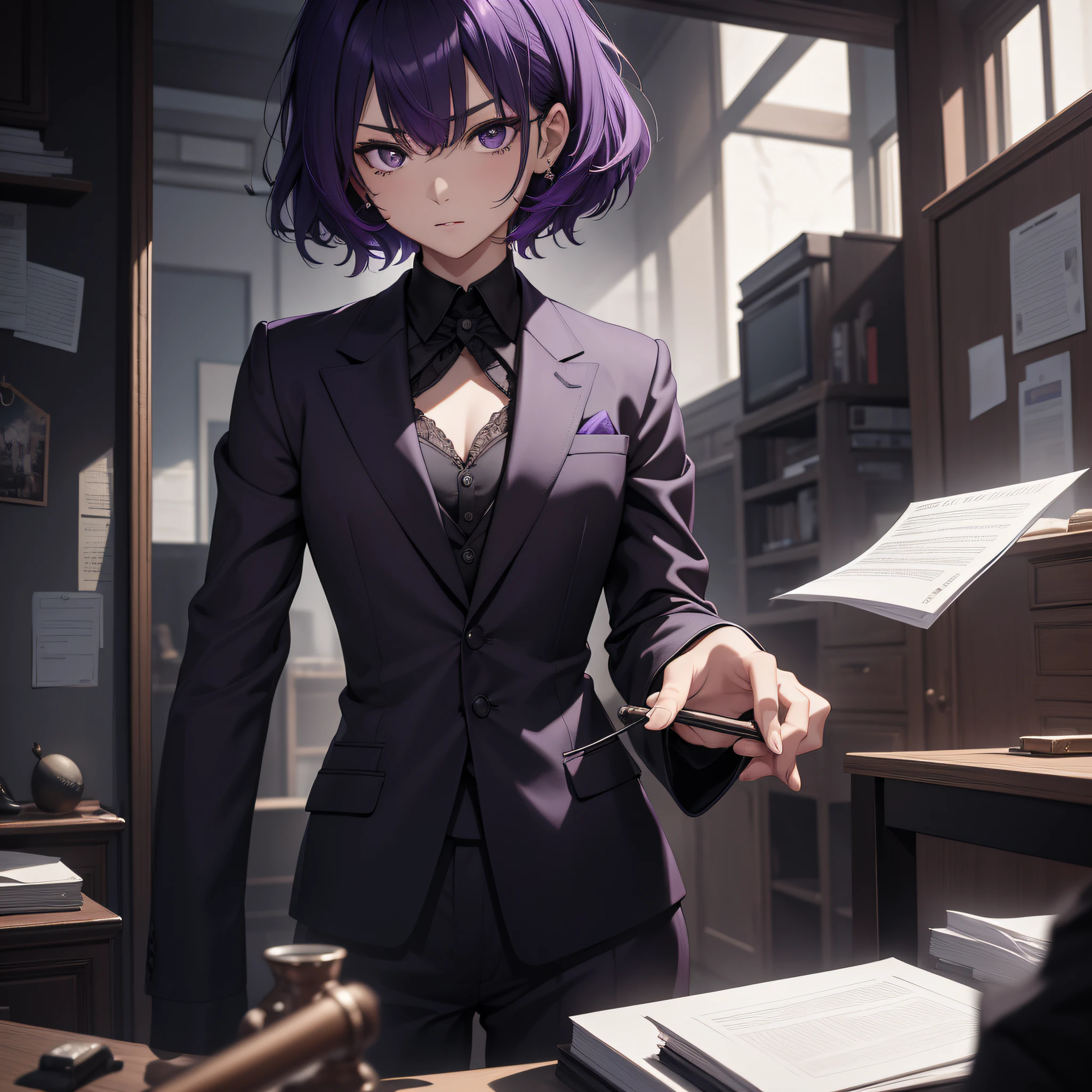 Absurd resolution, high resolution, (masterpiece: 1.4), hyper-detail, Asian, middle-aged short purple hair, black suit, eerie room, looking at the note, expression serious and scared