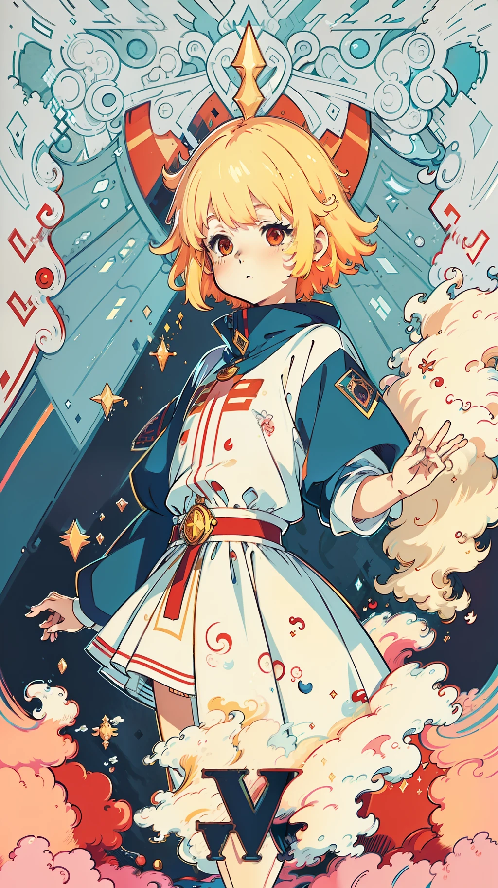 (((masterpiece))),(((best quality))),((ultra-detailed)),(illustration), 4k, simple, higres, simle background, extremely_detalled_wallpapper, medium waist up shoot, (Anime ilustration style:1.5),(faux traditional media:1.0), blonde short puffy hair, Bob cut, red glowing eyes, big determined eyes, tarot, flowing waves, colorful waves, ((vibrant color palet)), waves of clouds, intricate golden border