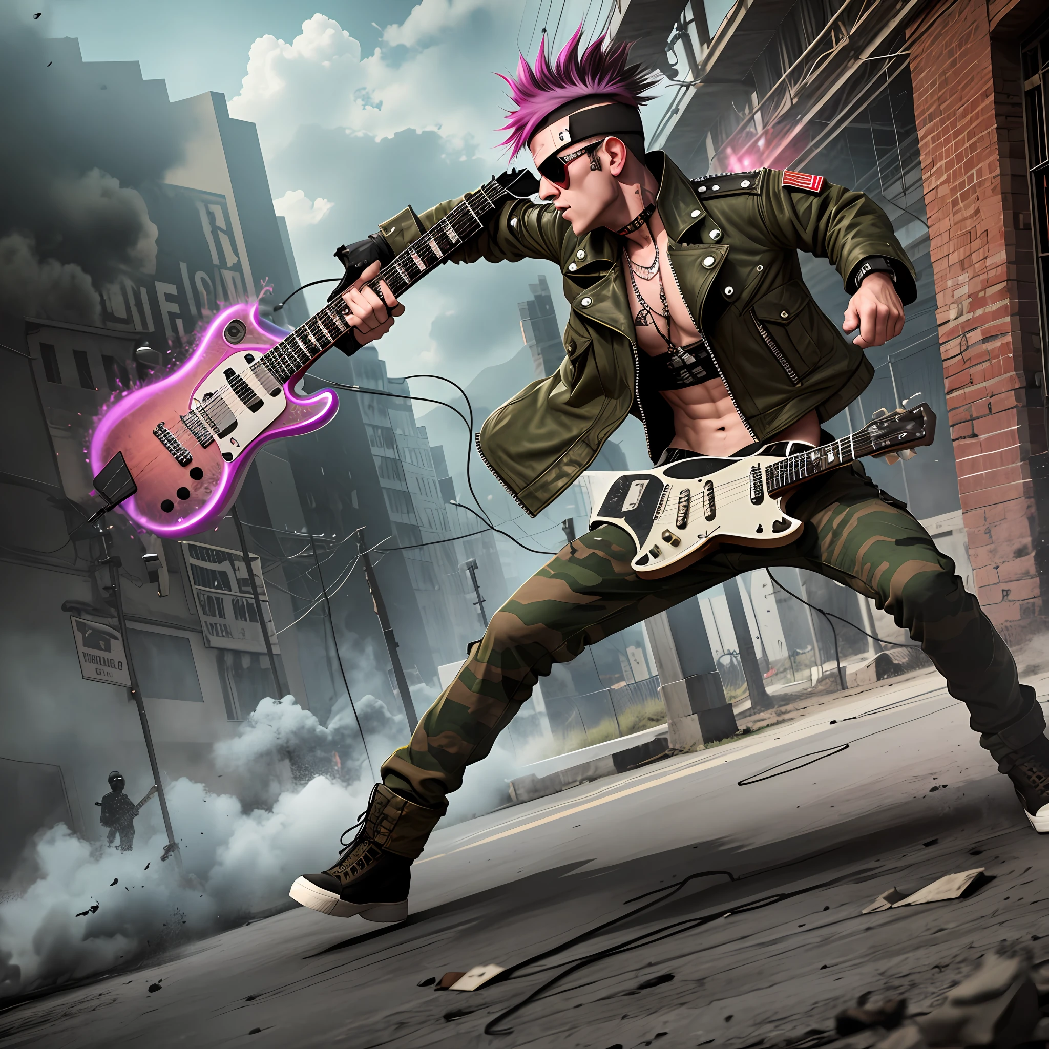 A punk fighting the army using a guitar