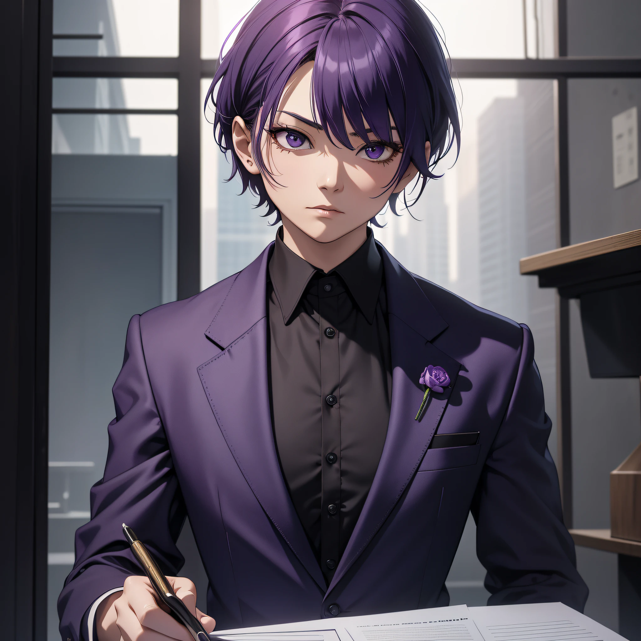 Absurd resolution, high resolution, (masterpiece: 1.4), hyper-detail, Asian, middle-aged short purple hair, black suit, eerie room, looking at the note, expression serious and scared