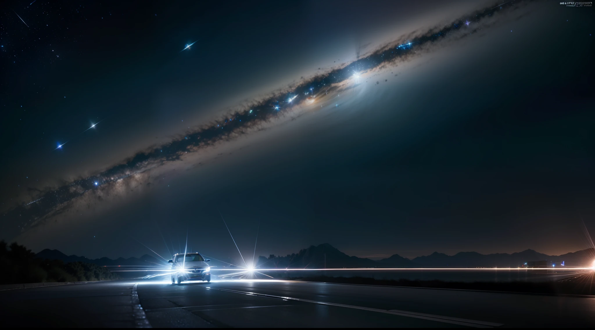 ((REAL))), ((MASTER))), ((BEST QUALITY)), ULTRA-DETAILED CG Unity 8k wallpapers, incredibly detailed and beautiful illustrations, floating, high resolution, dynamic, dark black background, stellar space, big white shining stars, car headlights, dazzling lights, power,