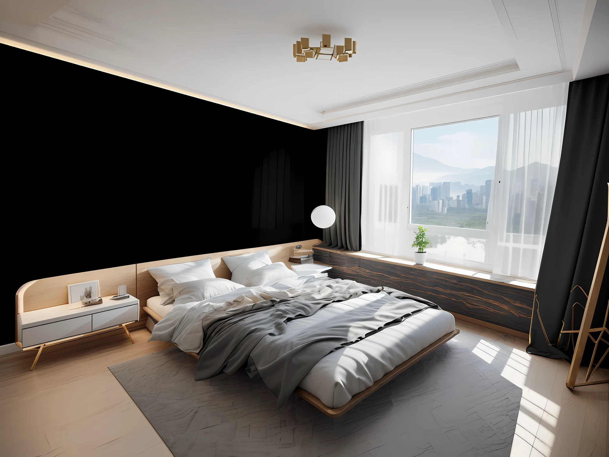 (extremely detailed CG unity 8k wallpaper, masterpiece, best quality, ultra-detailed), minimalistic decoration style, high resolution, bedroom, (decorative drawings, reference drawings), clean and elegant ambiance, wide shot.
