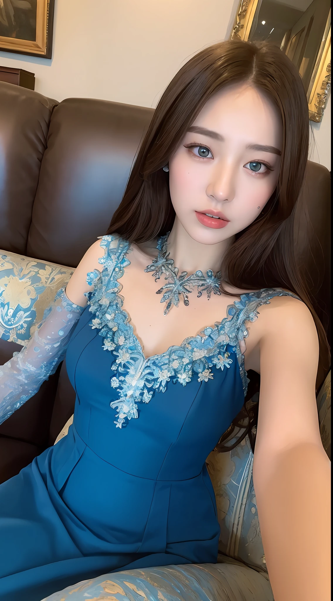 ((Best quality, 8k, Masterpiece :1.3)), 1girl, Pretty woman in blue dress, (Dark brown hair), Bule full length dress :1.1, Sofa, Ultra-detailed face, Detailed eyes, Double eyelid, furniture, room