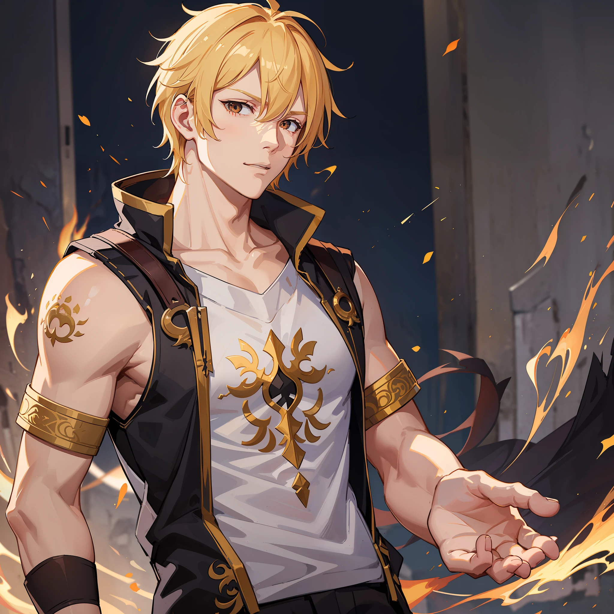 1 man, mature, 30 years old, Jaune Arc, shoulder-length blonde hair, bright white eyes, bright white tattoos of western dragons by the arms, white short-sleeved T-shirt, flaming aura and red rays sticking out of his hands