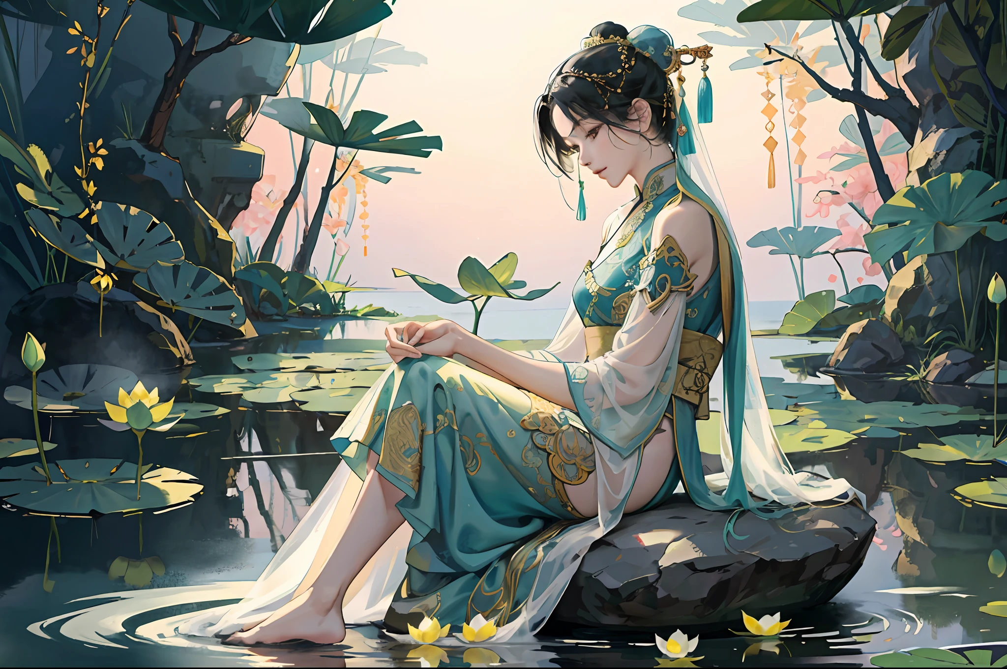 An ancient Chinese beauty sitting on a stone, wearing ancient Chinese clothing, flowing tulle, light silk, lazy posture, large lotus leaf, lotus, ink painting style, clean color, decisive cutting, blank, freehand, masterpiece, super detailed, epic composition, high quality, the highest quality, 4k --v 6