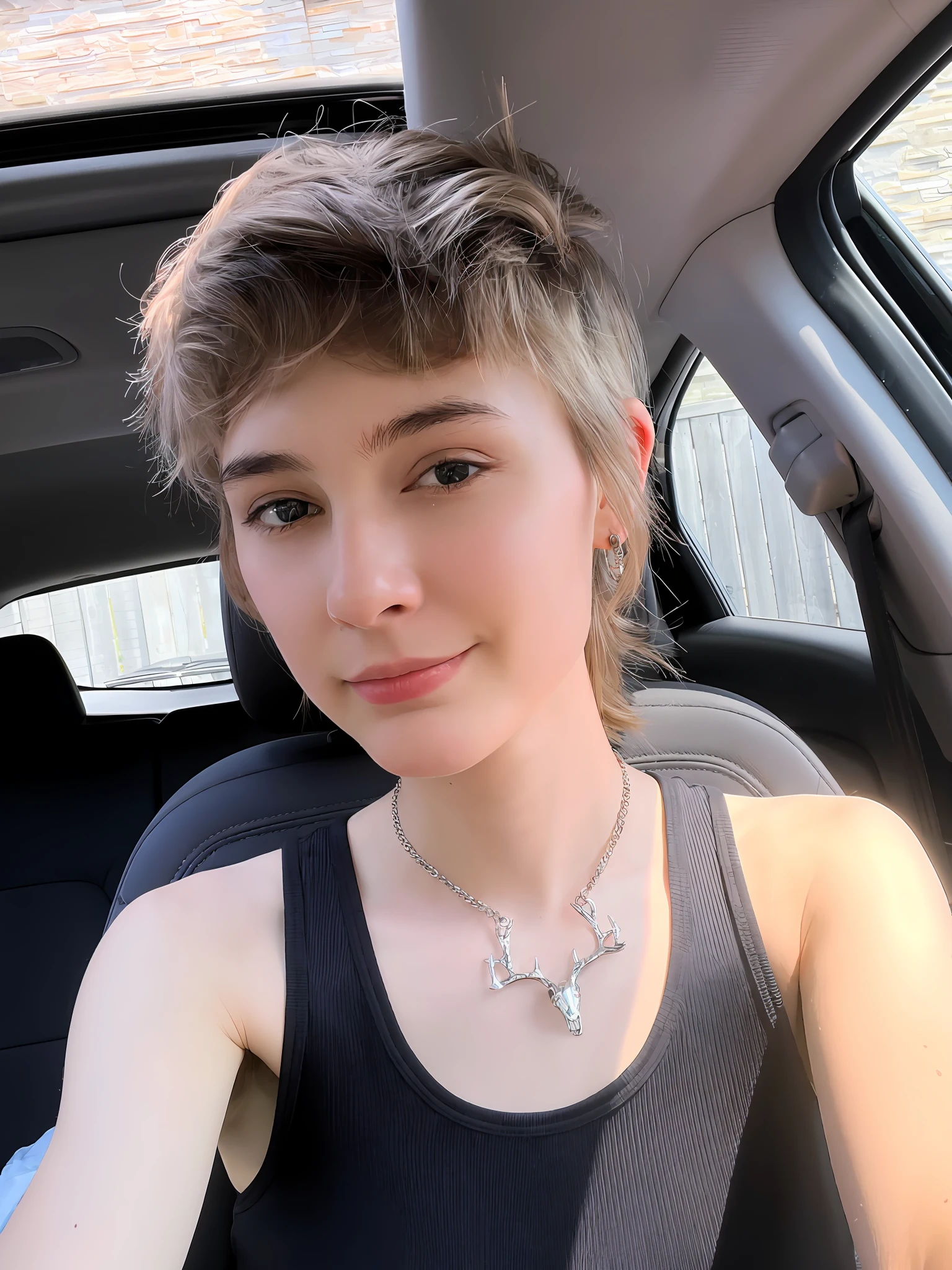 there is a woman sitting in a car with a necklace on, beautiful androgynous girl, androgynous person, portrait androgynous girl, short antlers, young woman with antlers, androgynous face, androgynous, thin antlers, attractive androgynous humanoid, delicate androgynous prince, androgynous male, with short hair