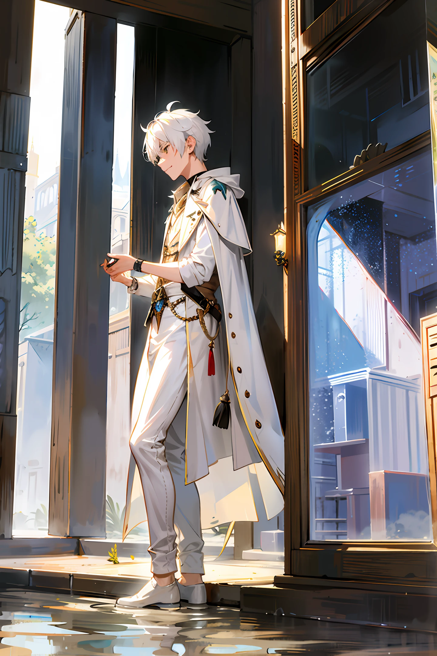 Wolf, café, long view, orc, white hair, male, looking out the window, heavy rain, sunlight