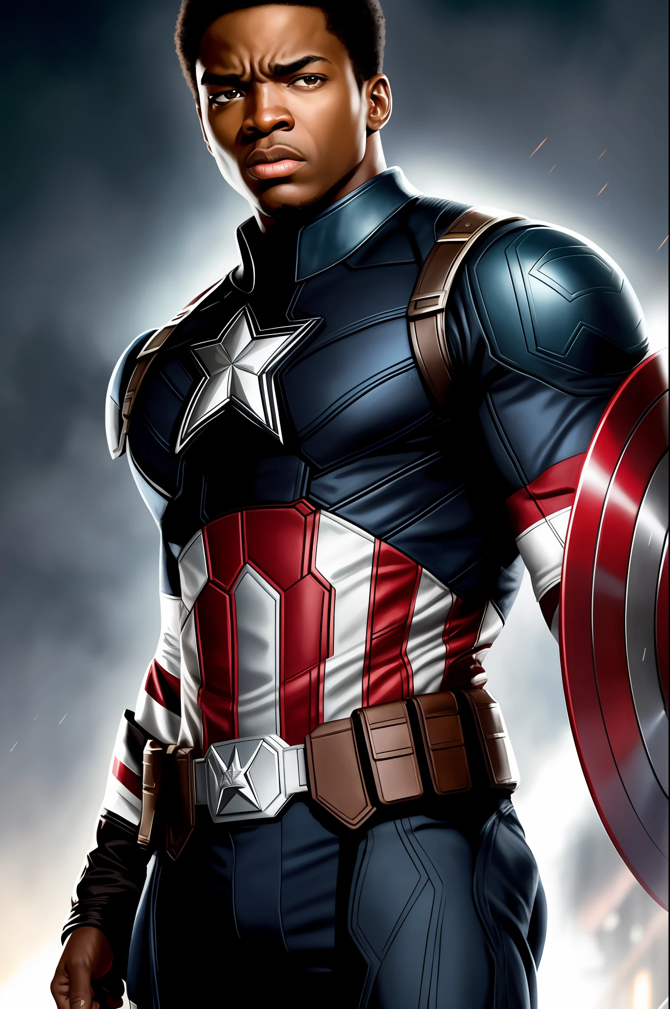 Tarantino style,Little Black Boy as Captain America 8k, high definition, detailed face, detailed face, detailed eyes, detailed suit, Marvel and DC style, hyper-realistic, + cinematic shooting + dynamic composition, incredibly detailed, sharp, details + superb details + night with light + perfectionism + award-winning realism ((grumpy lighting)),(upper body)