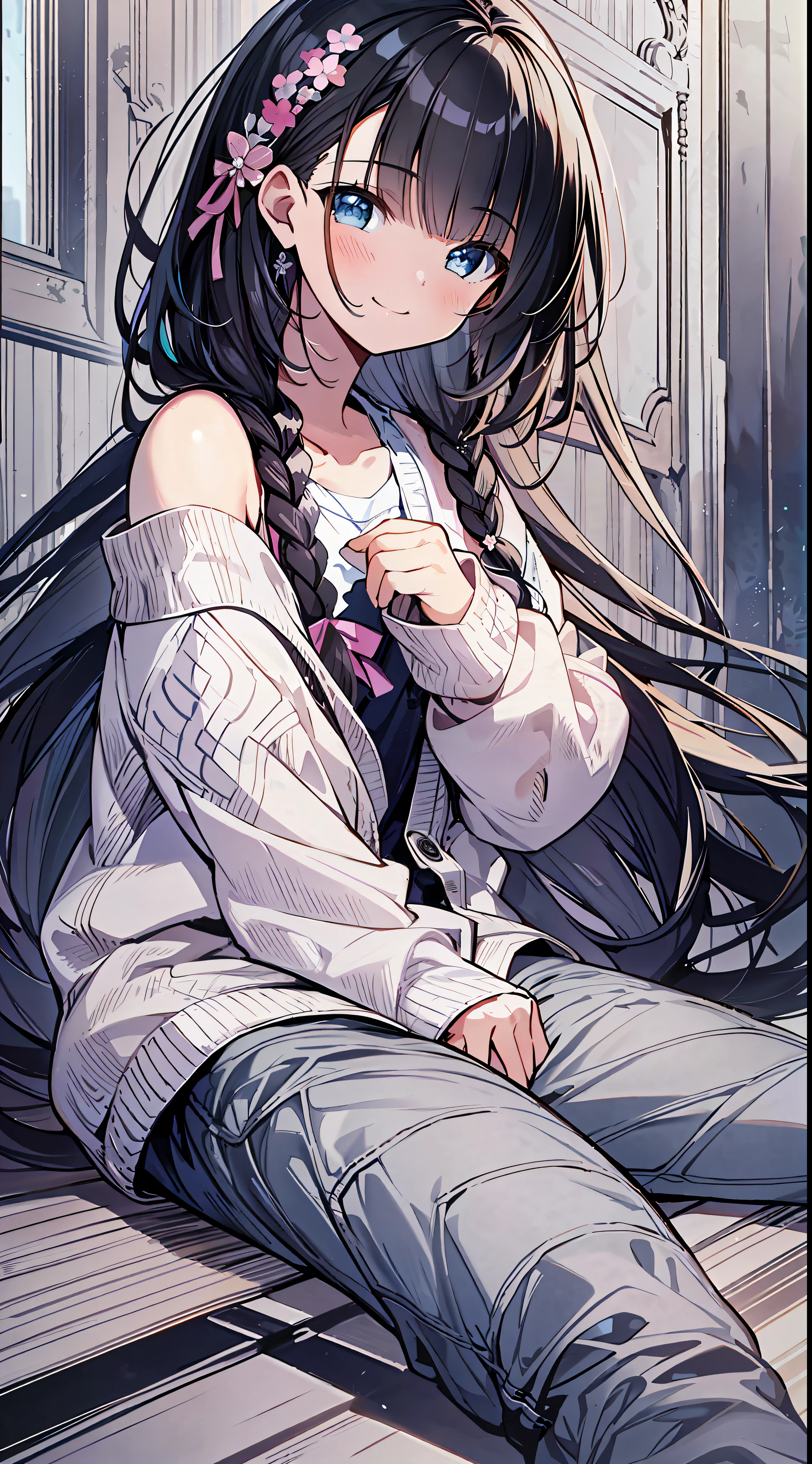 (incredibly absurdres absolutely resolution: 1.5), highest quality, masterpiece, ultra high resolution, 8k, (pants, light-colored cardigan, high-tech sneakers), shojo manga style, loli, soft line art, digital enhancement, shojo manga touch, shojo manga core, (hair length to shoulder)))), ( Short braids))), soft drawing, beautiful black hair, clear eyes, ((smile, wink)), ultra-detailed digital anime art, clear face depiction, ultra-detailed shojo manga character art, clear facial features, manga style, top quality colors, angle that you can see to your feet, entangle, beautiful and aesthetic: 1.5, high quality:1.3
