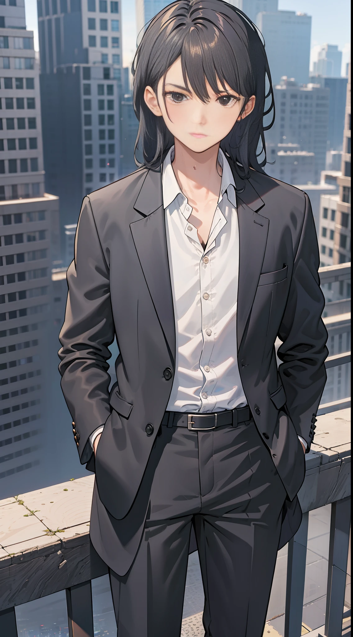 Static, black blazer and suit pants, standing still on top of a tall building, teenager, holding walnuts, indifferent expression, long black hair and black eyes, wearing a ring, male