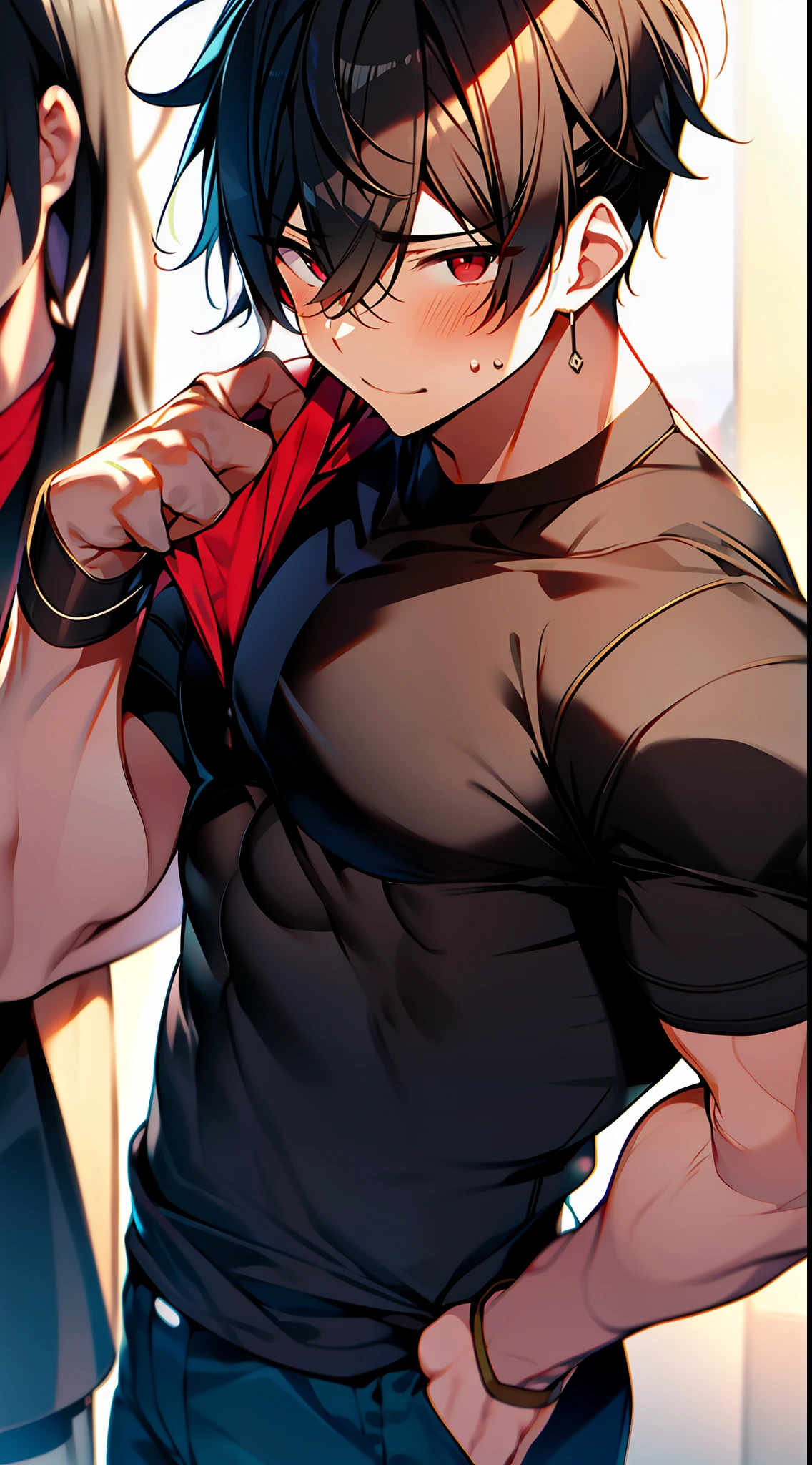 Youthful atmosphere, cute and handsome, obvious chest muscles, wipe sweat, red eyes and black hair, youth campus style, inch