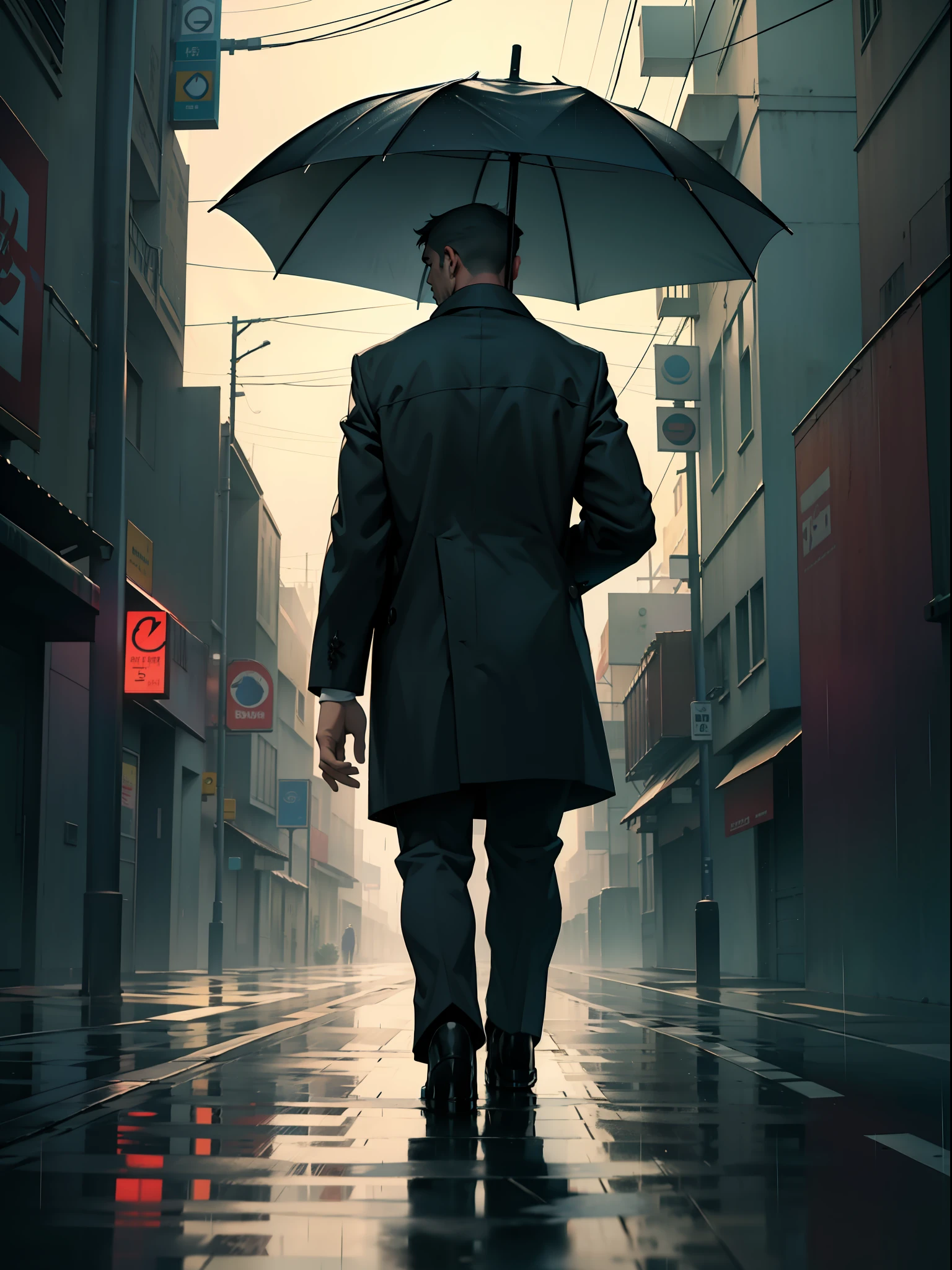 On a rainy day, a man with an umbrella, head down, alone, walking on a deserted street, dimly lit, back, movie lighting, UHD, 8k