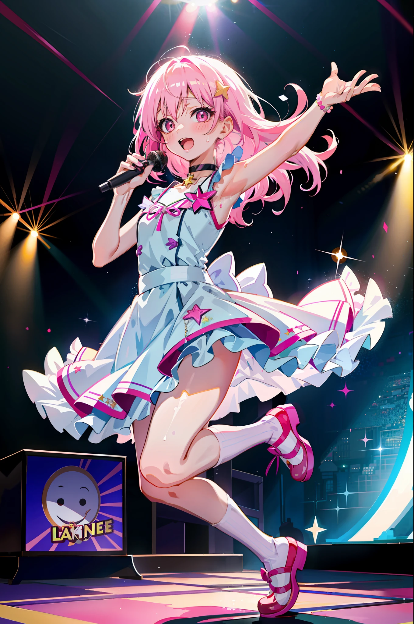 best quality, single girl, spotlight, live, colorful hair, cute, anime, sheer white skin, asian girl, full body, gentle eyes, shy face, 14 years old, idol clothes based on white and pink, choker, singing waiting for microphone, shining sweat, confident face, shining, pupils star-shaped