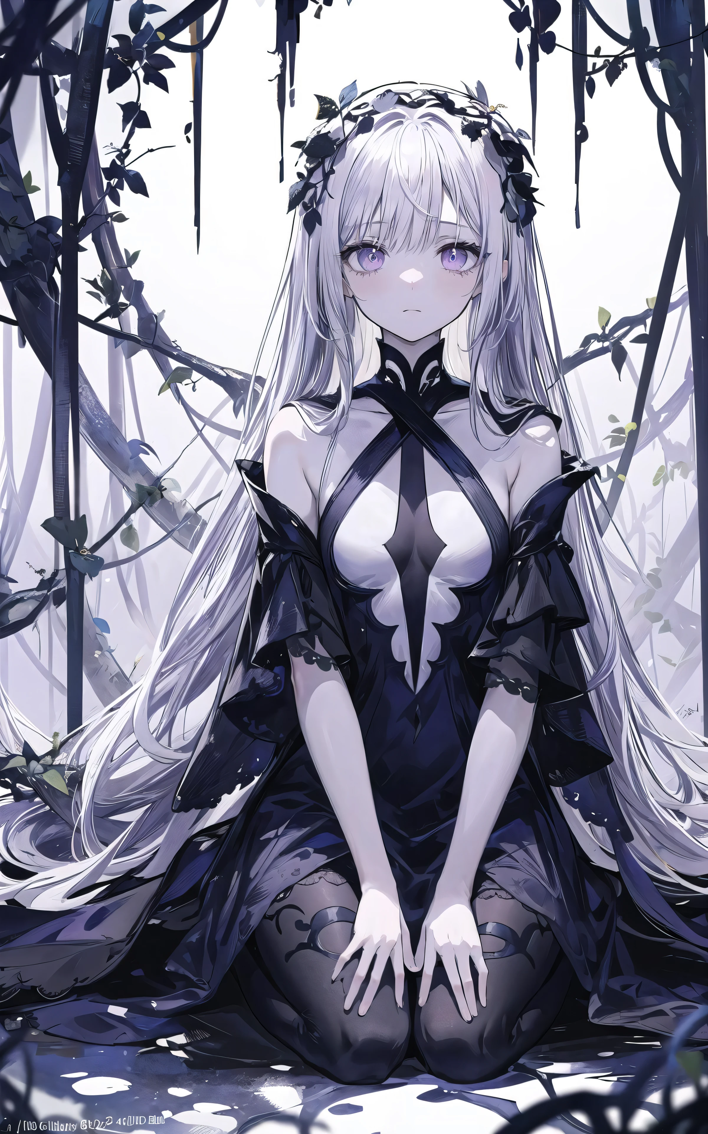 ((masterpiece:1.4, best quality))+, (ultra detailed)+,(ultra detailed eyes)+,
(cute 1girl),,(violet eyes:1.15),silver hair, very long hair,(wariza:1.2),pale skin,closed mouth,sad,
(She is dressed in a gown made of intertwining vines:1.5),(flat chest:1.2),(vines dress:1.4),(dress made of vines:1.2),(surrounded by vines:1.4),
(despair:1.3),gothic,
(dark yellow vines:1.3),leaves,(vines tree:1.1),
(dawn light:1.2),violet,
(heavy Monochrome:1.16),(depth of field:1.4),