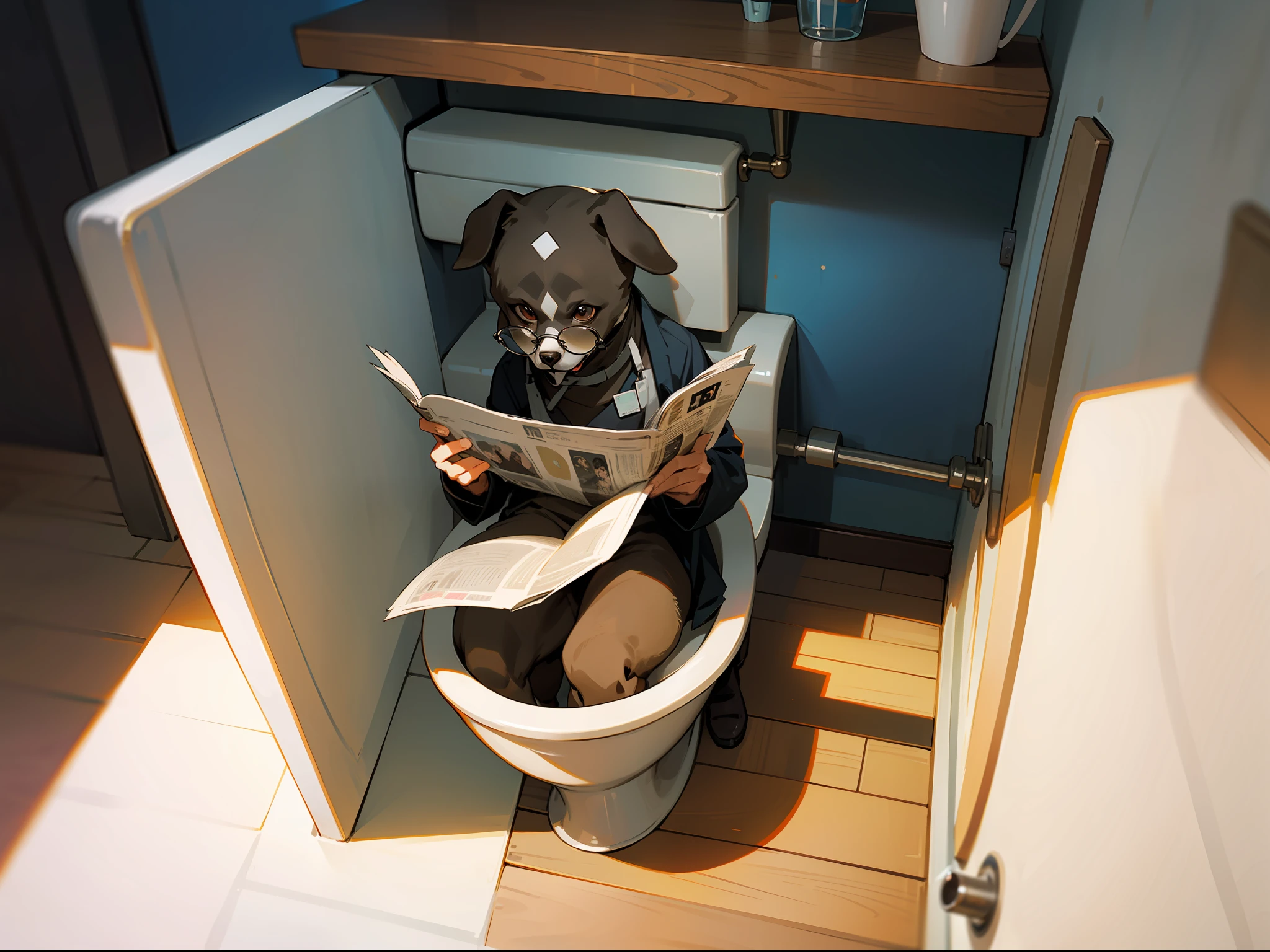 A dog sits on the toilet with a newspaper in his hand and glasses