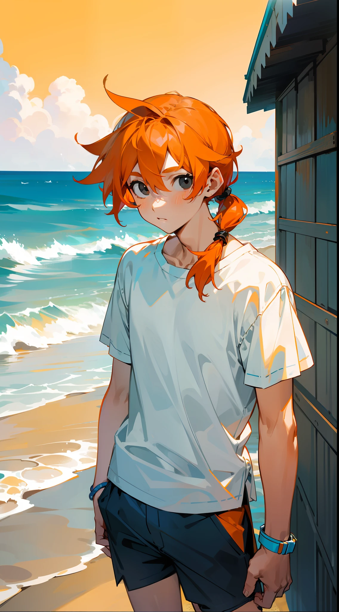 White shirt + sea breeze + (teenager: 1.2) + (male: 1.1) + (black eyes: 0.9) + orange hair + (pigtail: 1.1) + (summer: 1.2) + (seaside: 1.2)