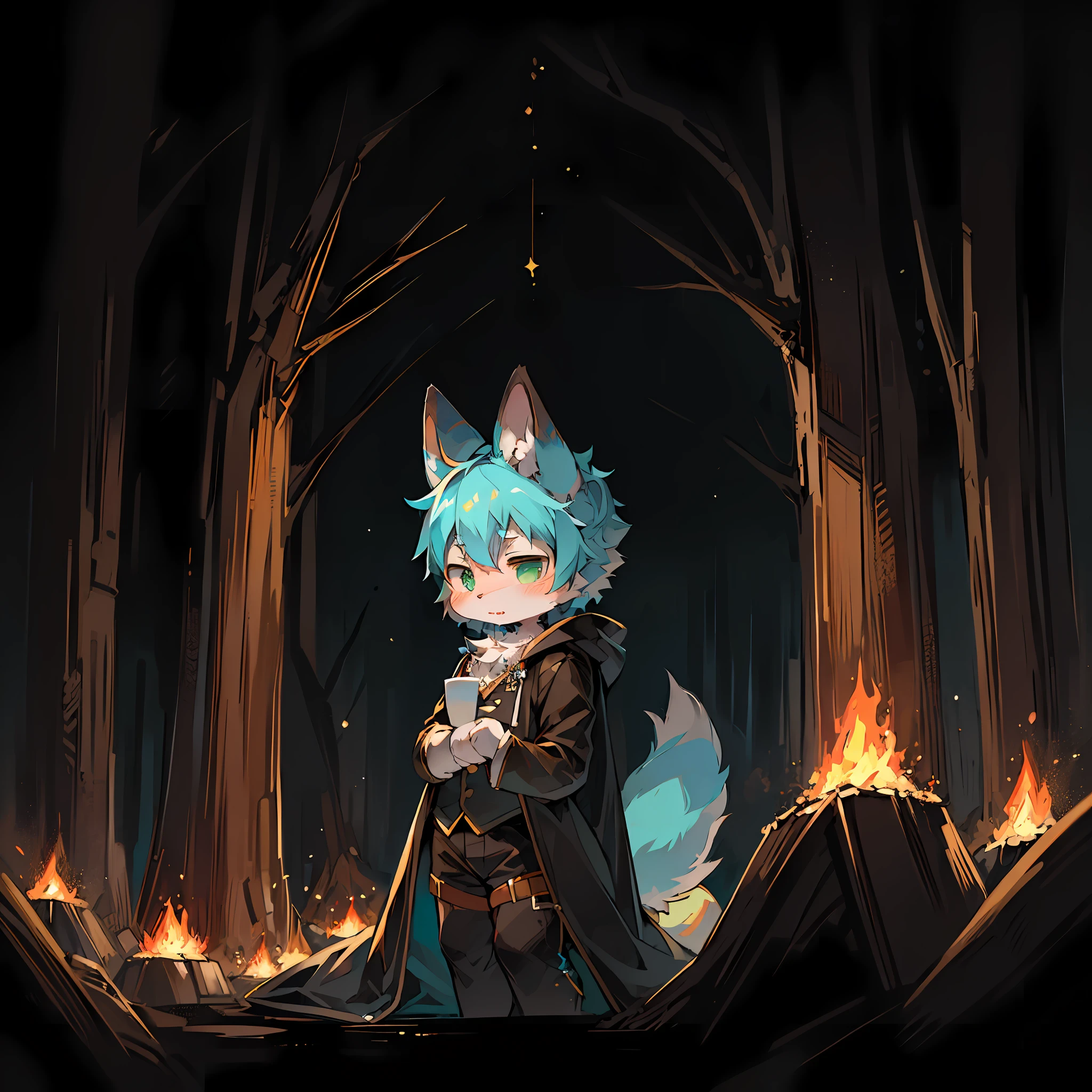 (Dark Environment: 0.8), Masterpiece, High Quality, Abstract Res, Digital Painting\(artwork\), by Dagasi, Yupa, Kiyosan, (Anthro, Fluffy Fur, Character Focus: 1.1), Anthro Male Cat, Short Hair, Portrait , bright eyes, panorama, character focus. (Background: 0.7), Solo, Furry, Hairy Male, Male Focus, Anthr, (Full Body Fur, Fluffy Tail, Big Ears, White Fur, Green Eyes, Cyan Hair: 1.2), (Feline, Cape, Bib: 1.2), (Forest, Night, Campfire)