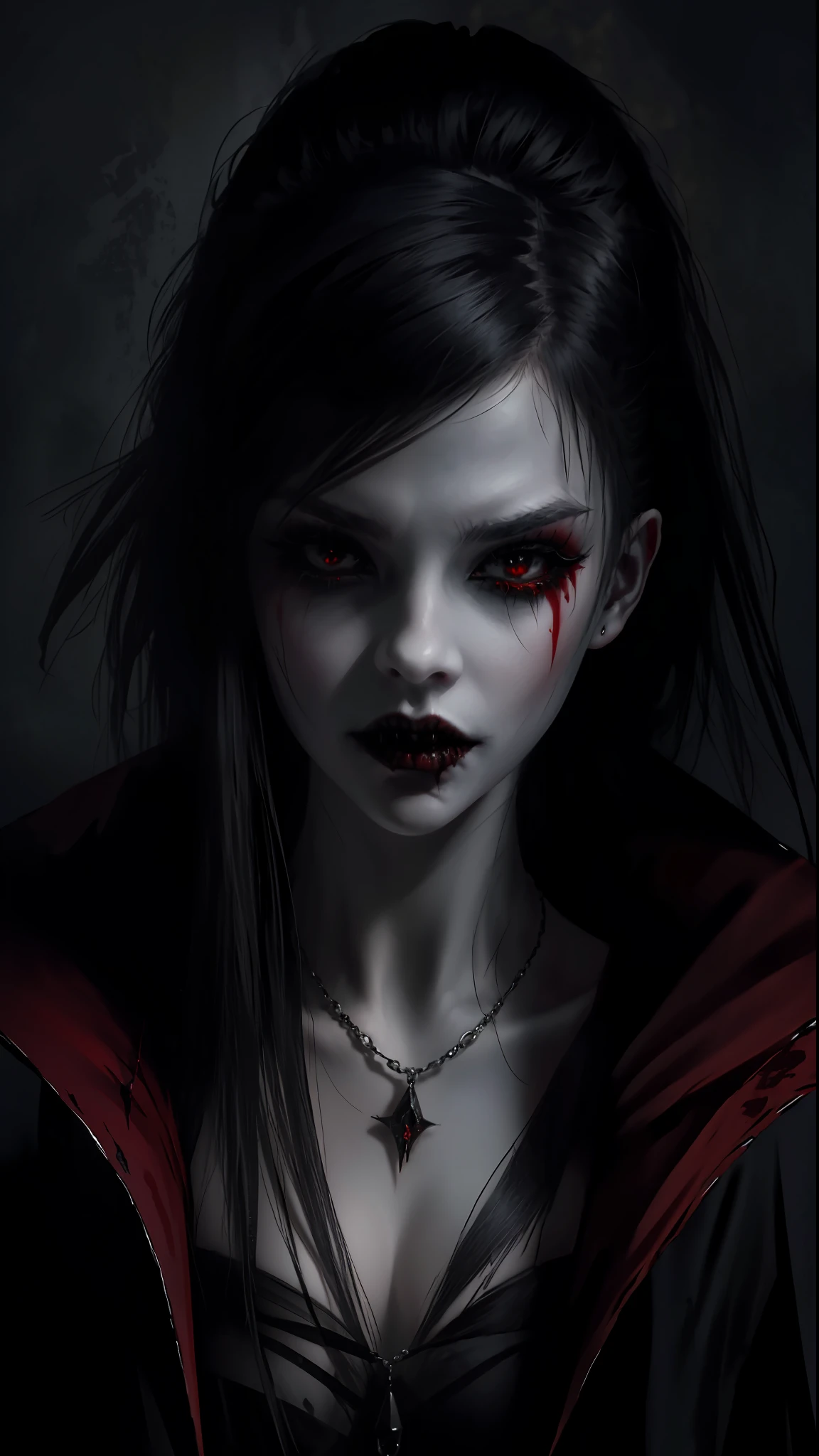 Gothic woman with blood dripping from her mouth beautiful vampire queen, vampire girl, gothic horror vibes, beautiful female vampire queen, Guweiz-style art, dark fantasy mixed with realism, androgynous vampire, goth maiden anime girl, gothic aesthetic, female vampire, gothic art style, vampire fashion, [4K digital art]!