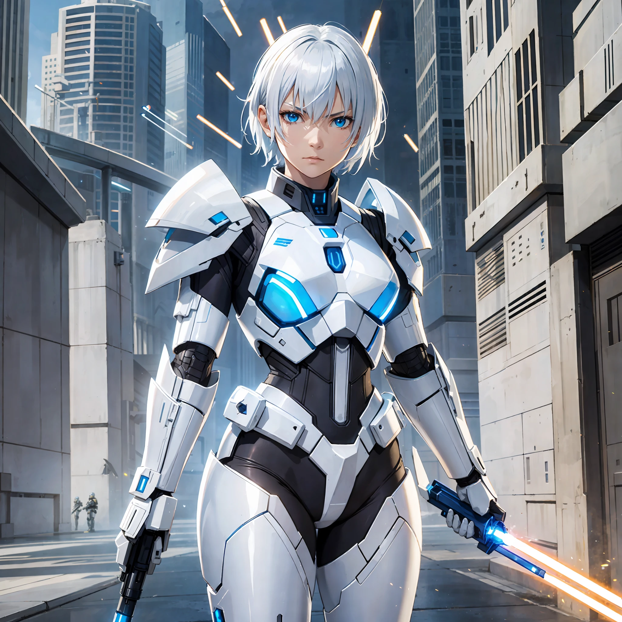Blue lightsaber in hand, short hair, serious face, combat attire, white hair, bright golden eyes, white armor, android, human appearance, adult woman --auto --s2