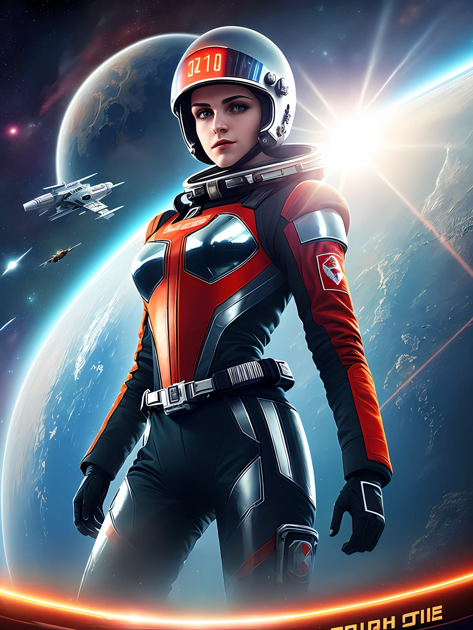 (1girl,flat_breasts,cute,beautiful detailed eyes,shiny hair,visible through hair,hair between eyes, CCCPposter,soviet poster,monochrome red,soviet poster,soviet,communism,Black_hair,red_eyes,vampire,teen,poorbreast,space suit:Orange_clothing_body:jumpsuit), luvas_brancas, espaço_branco shoes, capacete_branco, the red letters CCCP on the top of the helmet, weightlessness,  side light, reflection, the person in the spacesuit is at the bottom left of the frame, the right hand is extended, the right hand gently touches the Salyut space station), Space station in the upper right corner of the screen, Light reflected from the sun, Silver metal,red flag, brightness,USSR style, diffuse reflection, metallic texture, The view is a blue Earth, mecha style,sea of stars,high tone, magnificent, main character is a teenage vampire)