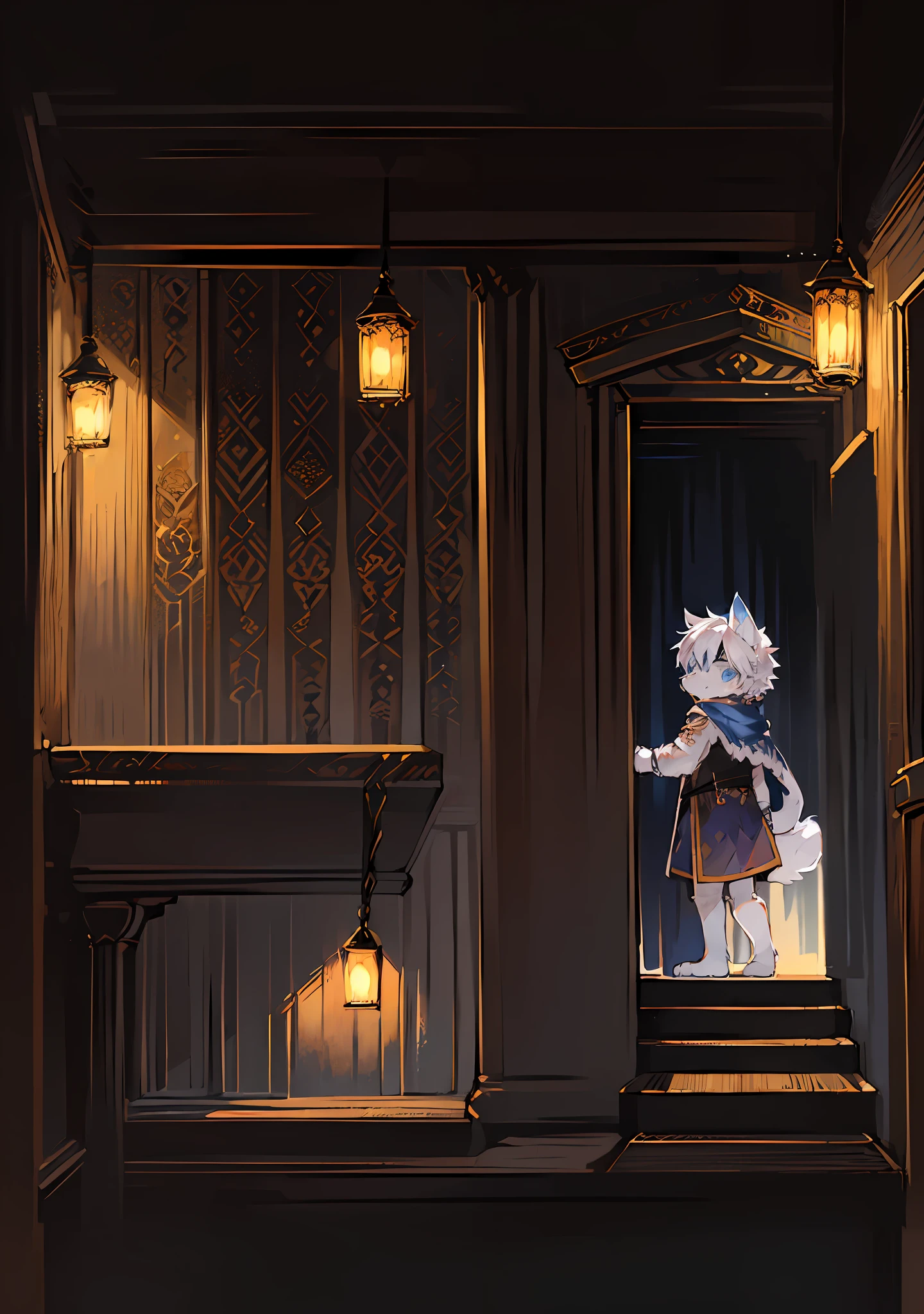 (Dark Environment: 0.8), Masterpiece, High Quality, Abstract Res, Digital Painting\(artwork\), by Dagasi, Yupa, Kiyosan, (Anthro, Fluffy Fur, Character Focus: 1.1), Anthro Male Cat, Short Hair, Portrait , bright eyes, panorama, character focus. (Background: 0.7), Furry, Furry Male, Male Focus, Anthr, (Full Body Fur, Fluffy Tail, White Fur, Blue Eyes, White Hair: 1.2), (Long Canine, Cloak: 1.2), (Interior, Night: 1.1)