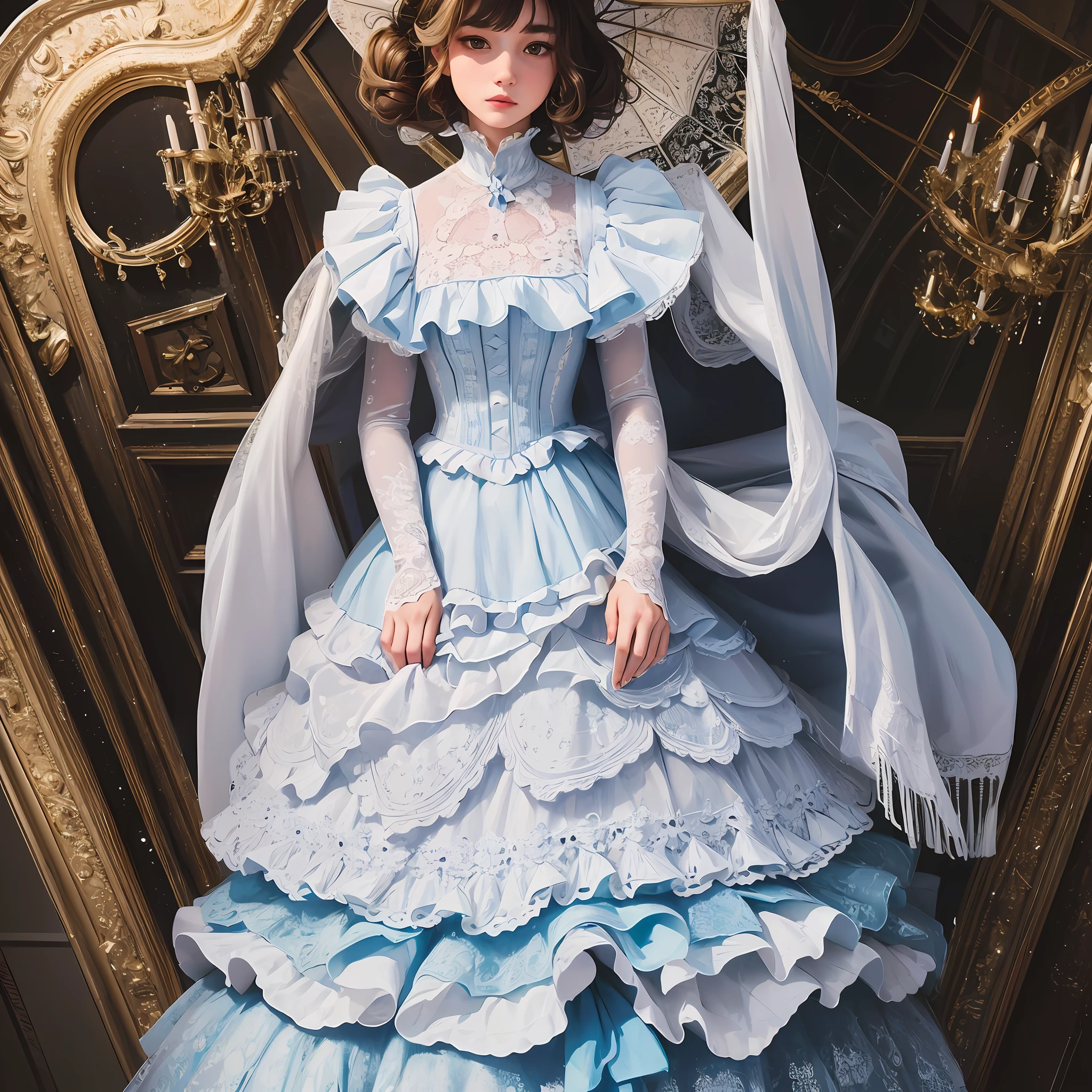 best quality, masterpiece, artwork, ultra definition, ultra quality, best definition, surreal, unparalleled beauty, full body, long dress, period dress, victorian dress, full dress of ruffles, white dress with baby blue details, white woman, 19 years old, brown hair, umbrella with lace and ruffles, --auto --s2