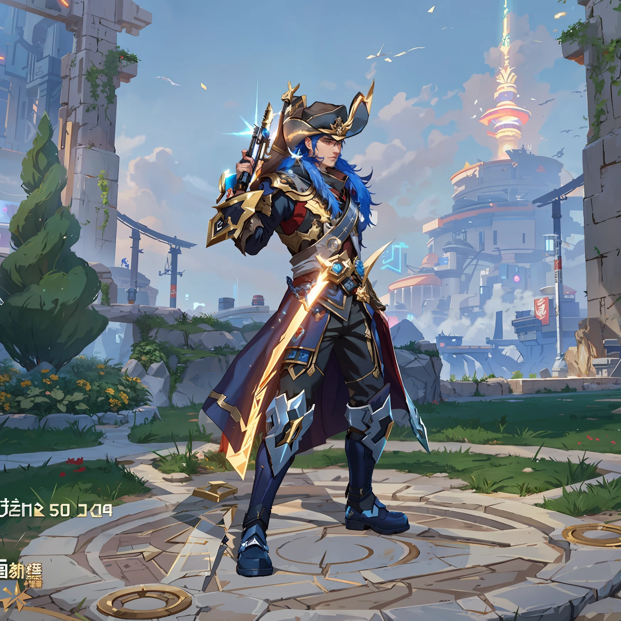 a close up of a person in a costume holding a gun, inspired by Huang Shen, Arena of Valor game, inspired by Huang Ding, heise jinyao, mobile legends, tane skin, wild rift, genshin impact character, posing for a fight intricate, zhongli from genshin impact, this character has cryokinesis, loong, ultra detailed, sharp focus, wear cowboy hat, handsome, badass, back view