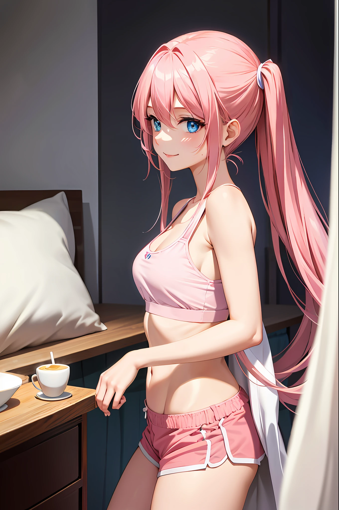 Filming a detailed depiction of a young woman in anime style. All over, she has very long pink hair and bright blue eyes, dressed in pink underwear. She wears a pink camisole and sports bra, pink low-rise shorts, and a sheer camisole with a visible navel. Lower milk, whole body. E cup breasts. The pillow is white. The background is a bedroom with a white base. Her hair is twin tails. A close-up of her face is captured, and its blue eyes are emphasized. The overall tone is bright, her features and clothing are depicted in detail. He puts a pillow on his cheek and looks at me with a smile.
