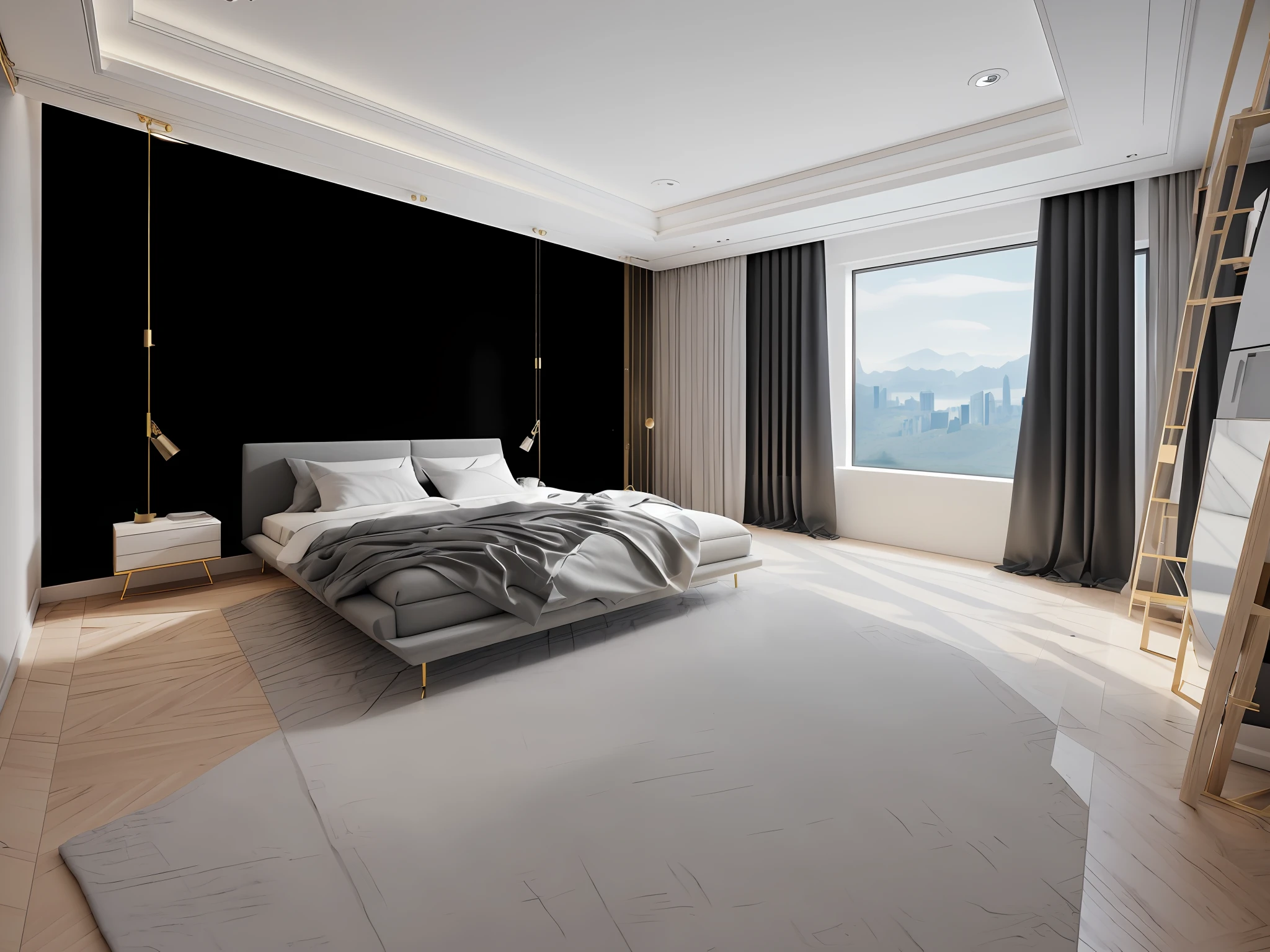 (extremely detailed CG unity 8k wallpaper, masterpiece, best quality, ultra-detailed), minimalistic decoration style, high resolution, bedroom, (decorative drawings, reference drawings), clean and elegant ambiance, wide shot.