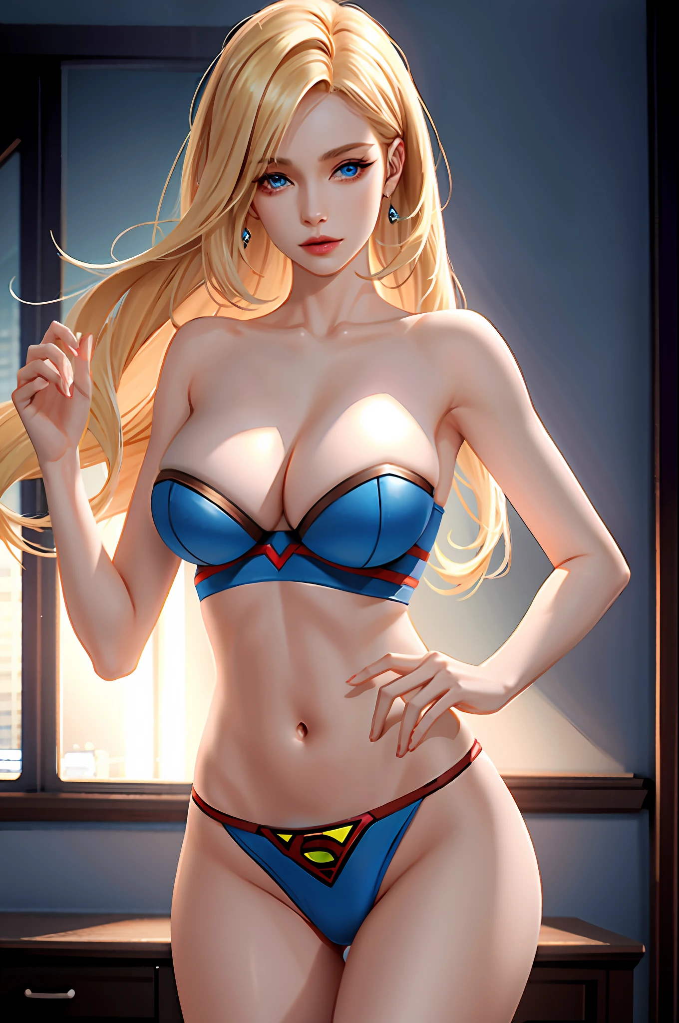 (: 1.07), pokemon, pokemon world, Supergirl masterpiece, best quality, high quality, high definition, high quality texture, high quality shadow, high detail, beautiful detailed, finely detailed, extremely detailed cg, detailed texture, a realistic representation of the face, realistic, colorful, delicate, cinematic light, side lighting, Lens Flare, ray tracing, sharp focus, 8K, (1girl, __focus__:1.3), (intricate details, makeup, PureErosFace_V1:0.5), (detailed beautiful delicate face, detailed beautiful delicate blue eyes, blonde, a face of perfect proportion, detailed high skin, detailed skin, best ratio four fingers and a thumb, arms under chest, large medium breasts, wide hips, smooth midriff, slim and thin, __fashion__, __hair__: 1.25), __location__, no hands, no hands anymore, no missing fingers, superman S symbol on panties and bra
