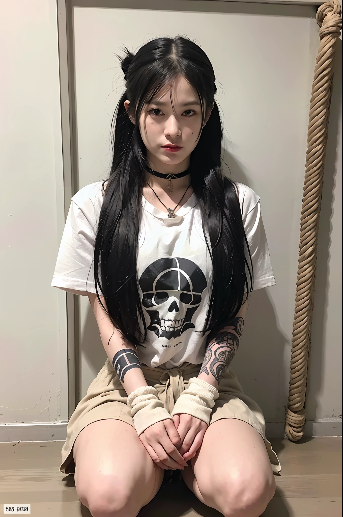 (8k:1.27), best quality, masterpiece, ultra highres:1.2), lesbian delinquent girl with dyed long hair and arm tattoos, tattooed girl, full body picture, dirty old white oversized knotted prisoner t-shirt, dirty big t-shirt with prisoner number written in t-shirt, short big sleeves, beige prisoner pants tied with a rope, wearing dirty old goth clothes, long pink hair pulled back, big pink messy bun, kneeling in a prison cell next to a noose, handcuffed, hands tied with rope behind body, submissive neck choker and checkered keffiyeh scarf in neck, 4k or 8k picture, looking at the floor down very sad, very sad face, praying, paisley bandana pirate style headscarf, smelly, barefoot, rope noose hanging from ceiling, tattooed body, noose rope hanging