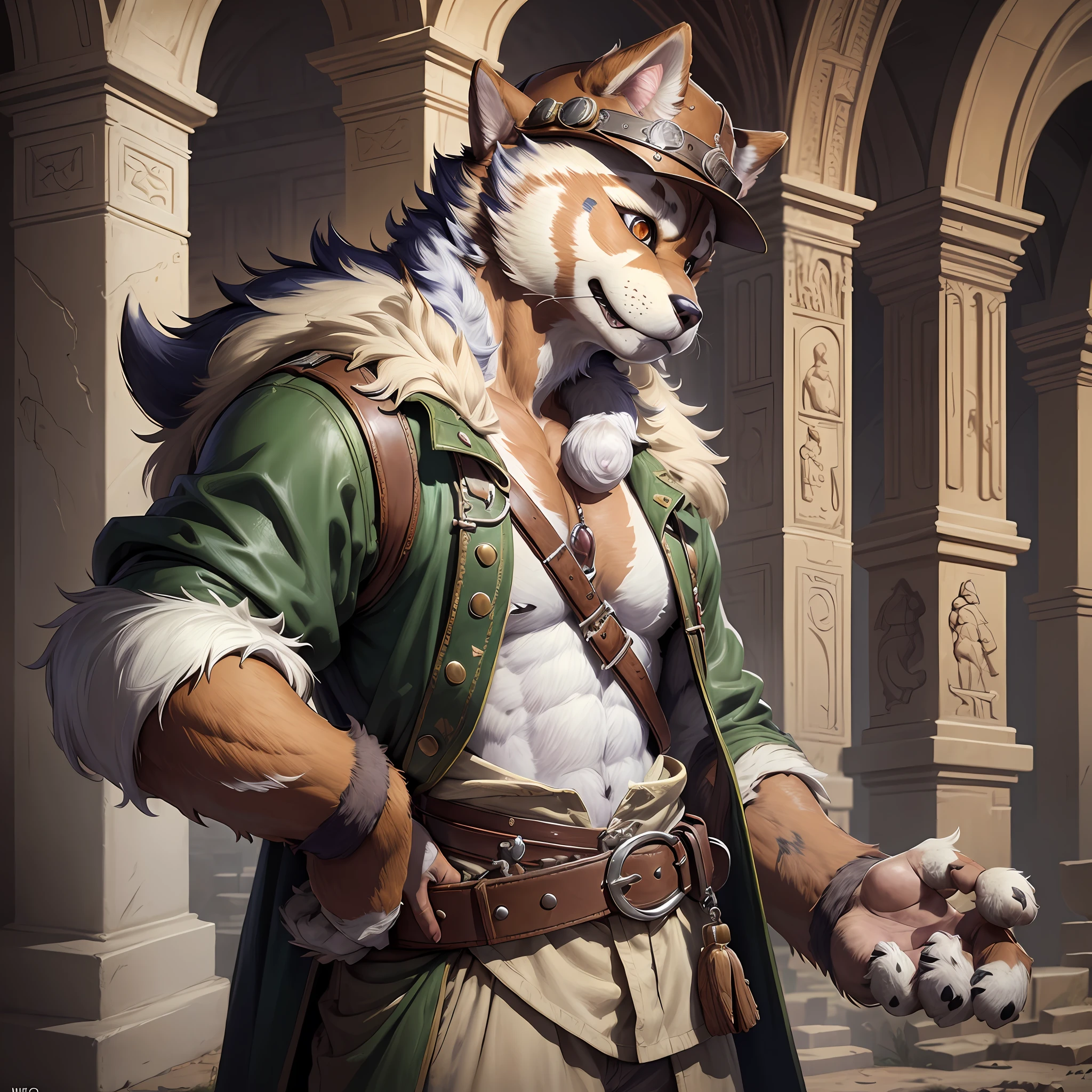 top quality, best quality, High-quality illustrations by Michelangelo, by Johannes Vermeer, masterpiece, super high resolution, detailed background, Old Ruins, Dungeons, Indiana Jones series(highly detailed beautiful face and eyes)absurdres, perfect anatomy(handsome 1boy, kemono, solo focus, Adventurer, Archaeologist)(furry)(furry anthro:1.7)(Furry body, dog facial features, dog body features)(very detailed body fur)full body, Dirty Coat and Hat,